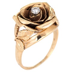 Vintage Diamant Rose Ring 14k Gelbgold Blumen-Cocktailschmuck