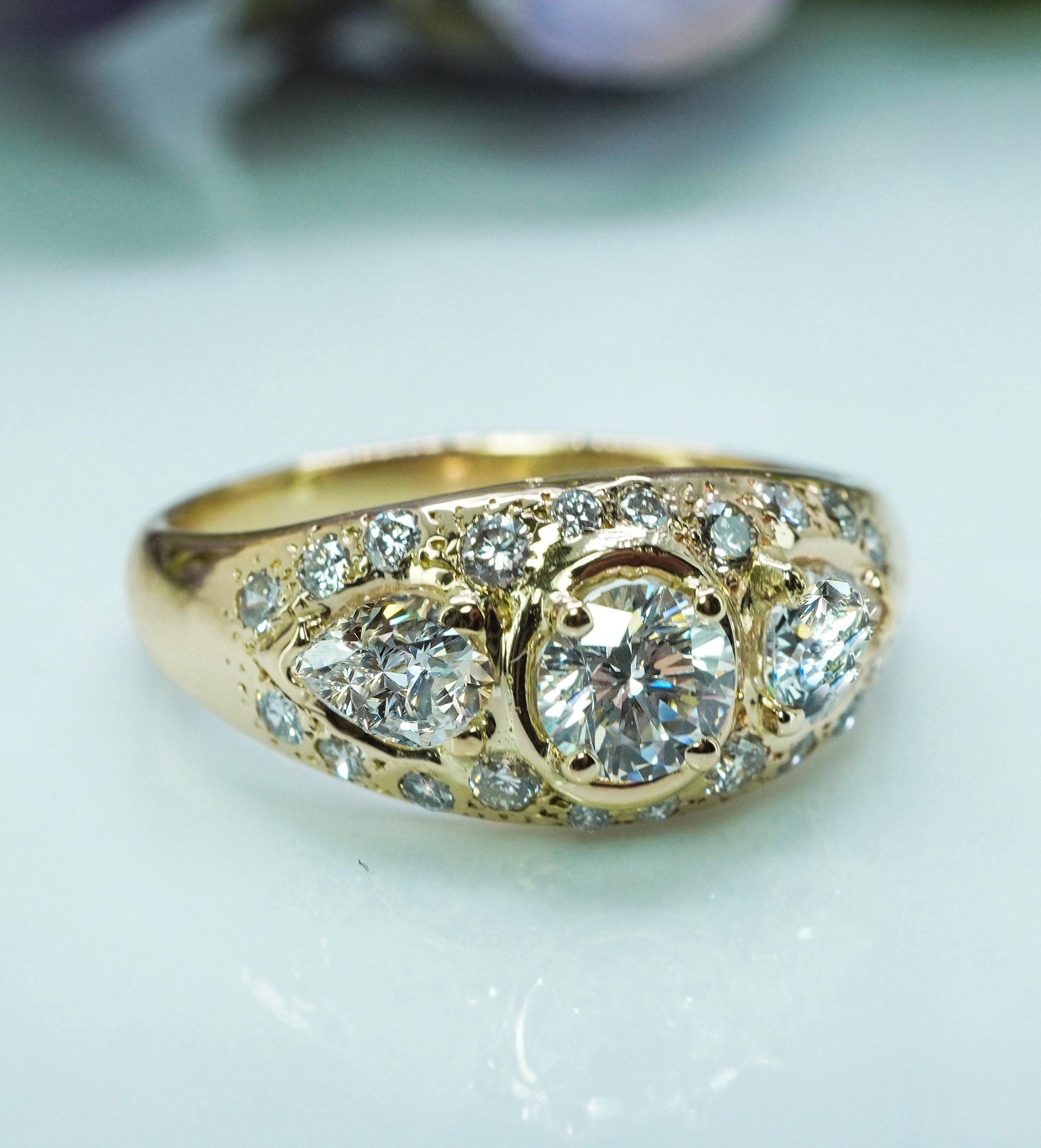 Vintage Diamond Round Pear 3 stone 14K Gold Ring Estate 1.4cttw .50ct center Sz9 in vendita 1