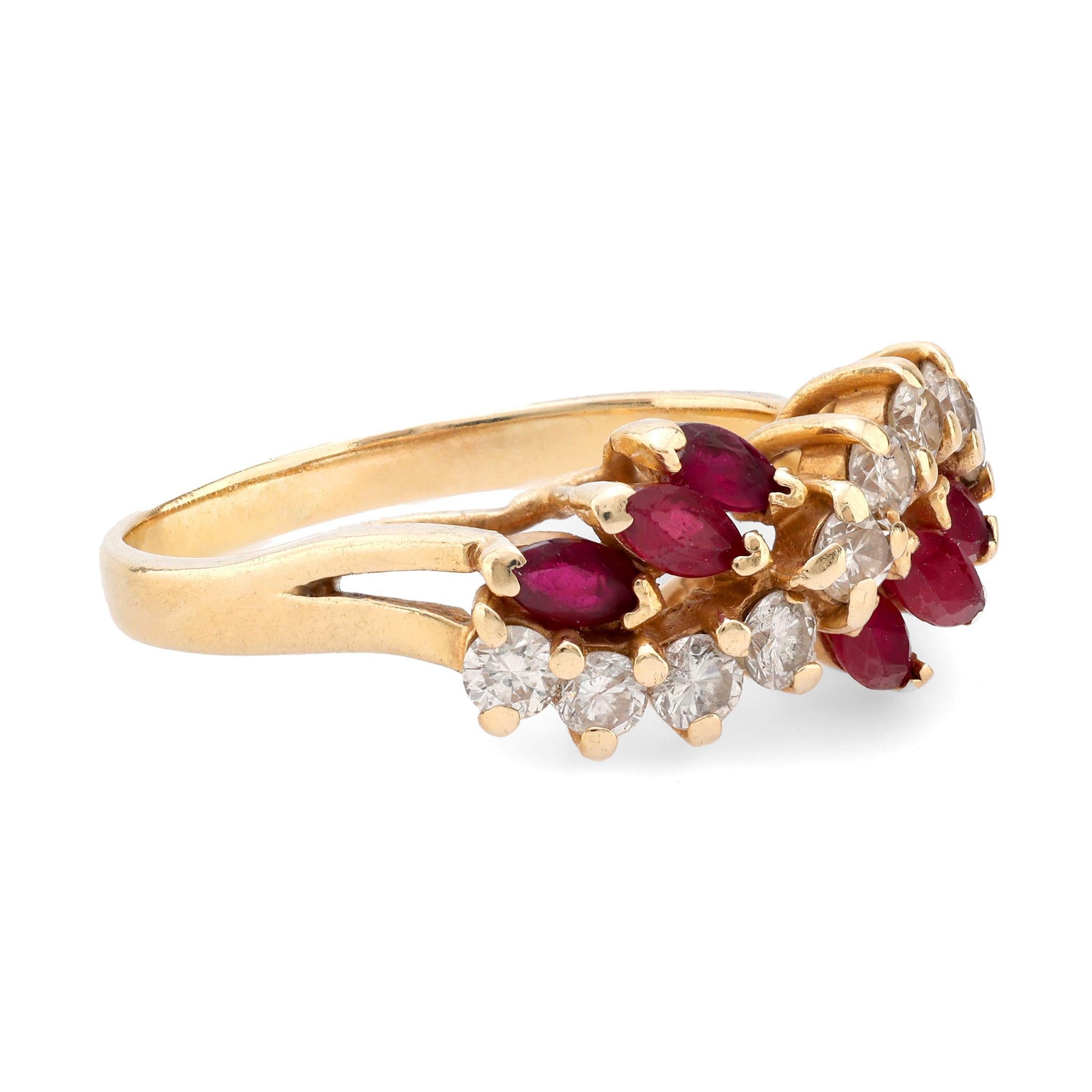 Modern Vintage diamond ruby 14k yellow gold ring