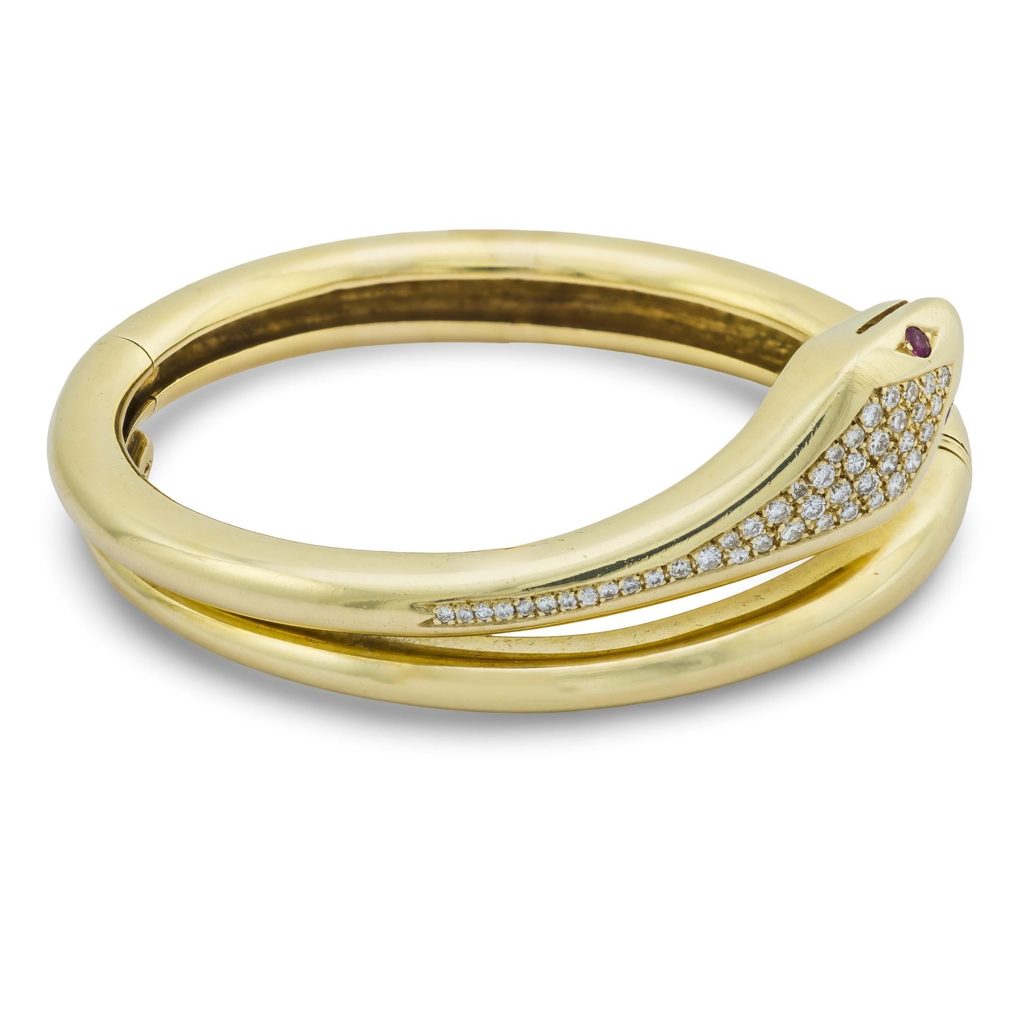 Vintage diamond ruby 14k yellow gold snake bangle