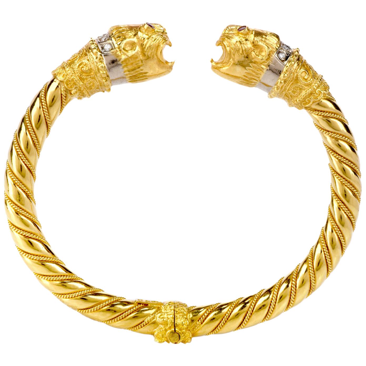 Vintage Diamond Ruby 18 Karat Gold Lion’s Head Cuff Bangle Bracelet