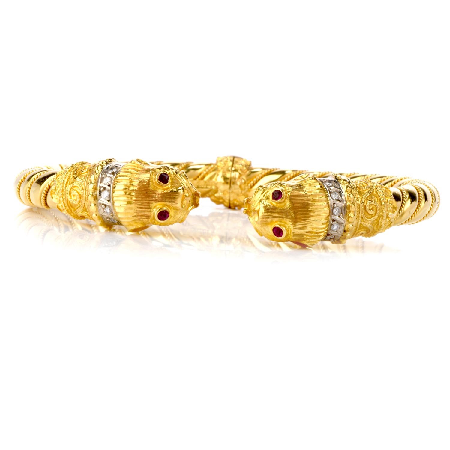 Perfect for the Leo in your life, or for anyone that admires the ferocity of lion artistry, is the Vintage Diamond Ruby 18K Gold Lion’s Head Cuff Bangle Bracelet!  This bracelet is crafted in 18-karat yellow gold and has two fierce lion’s heads. 
