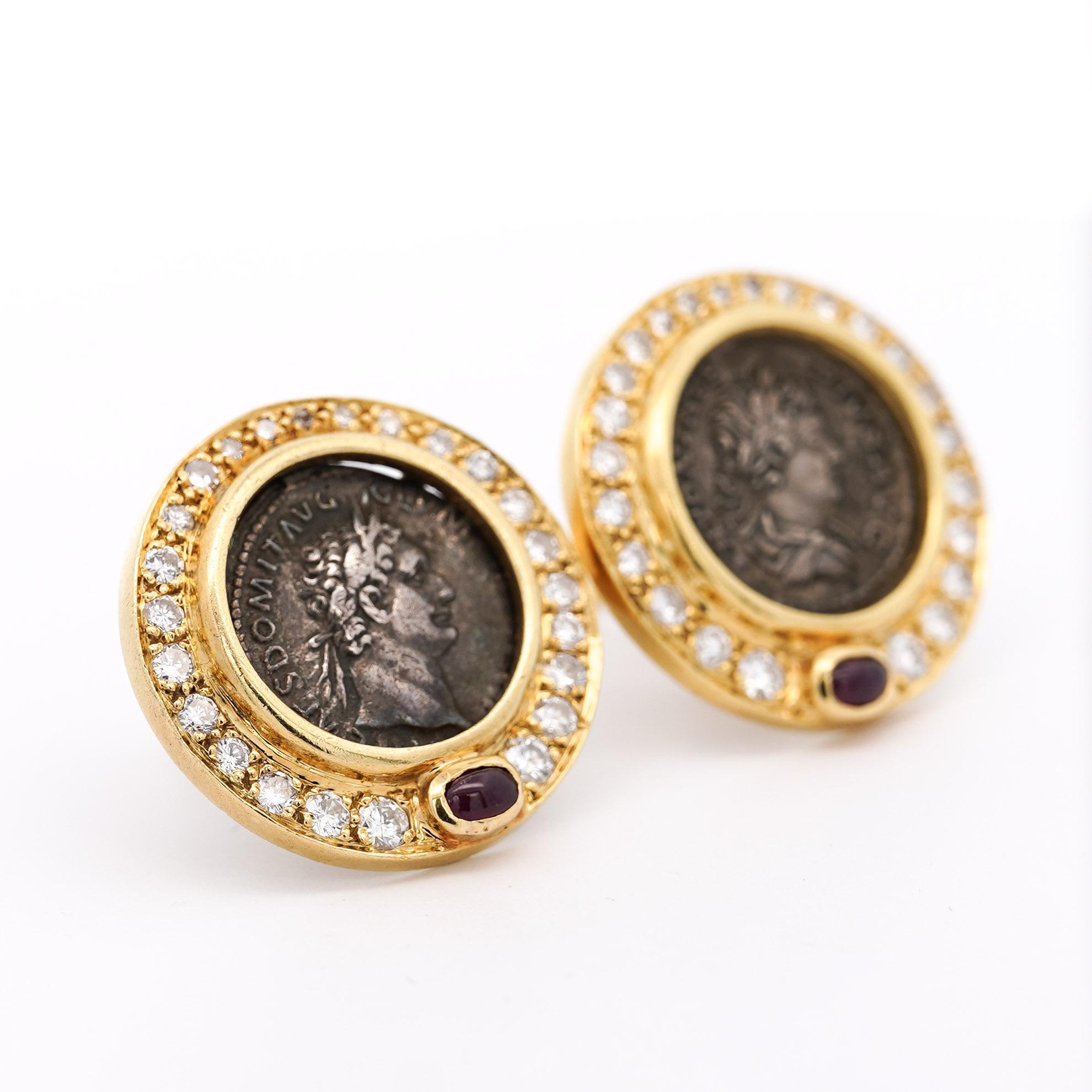 Vintage Diamond & Ruby 18K Gold Roman Coin Replica Clip-On Earrings For Sale 5