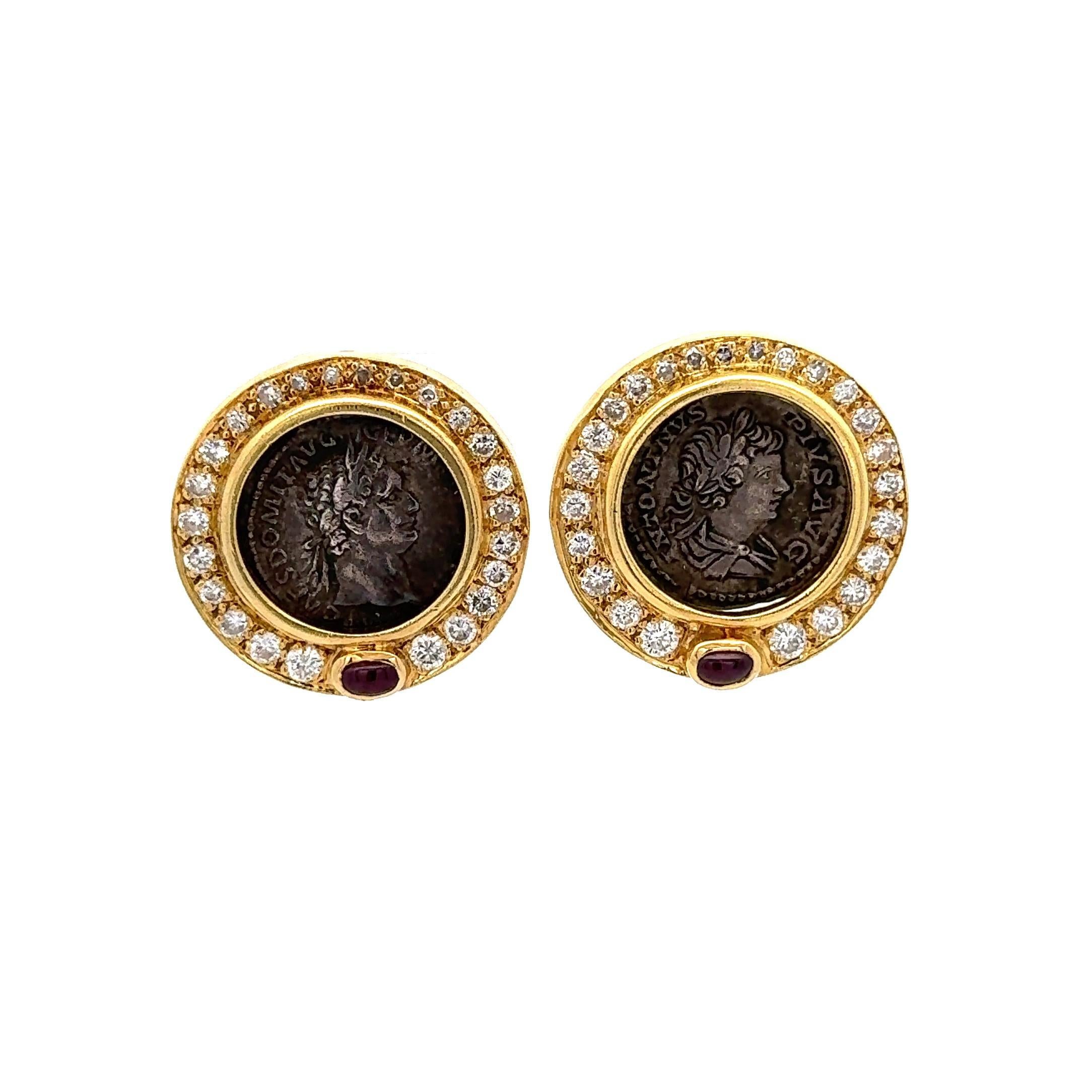 Vintage Diamond & Ruby 18K Gold Roman Coin Replica Clip-On Earrings For Sale 6