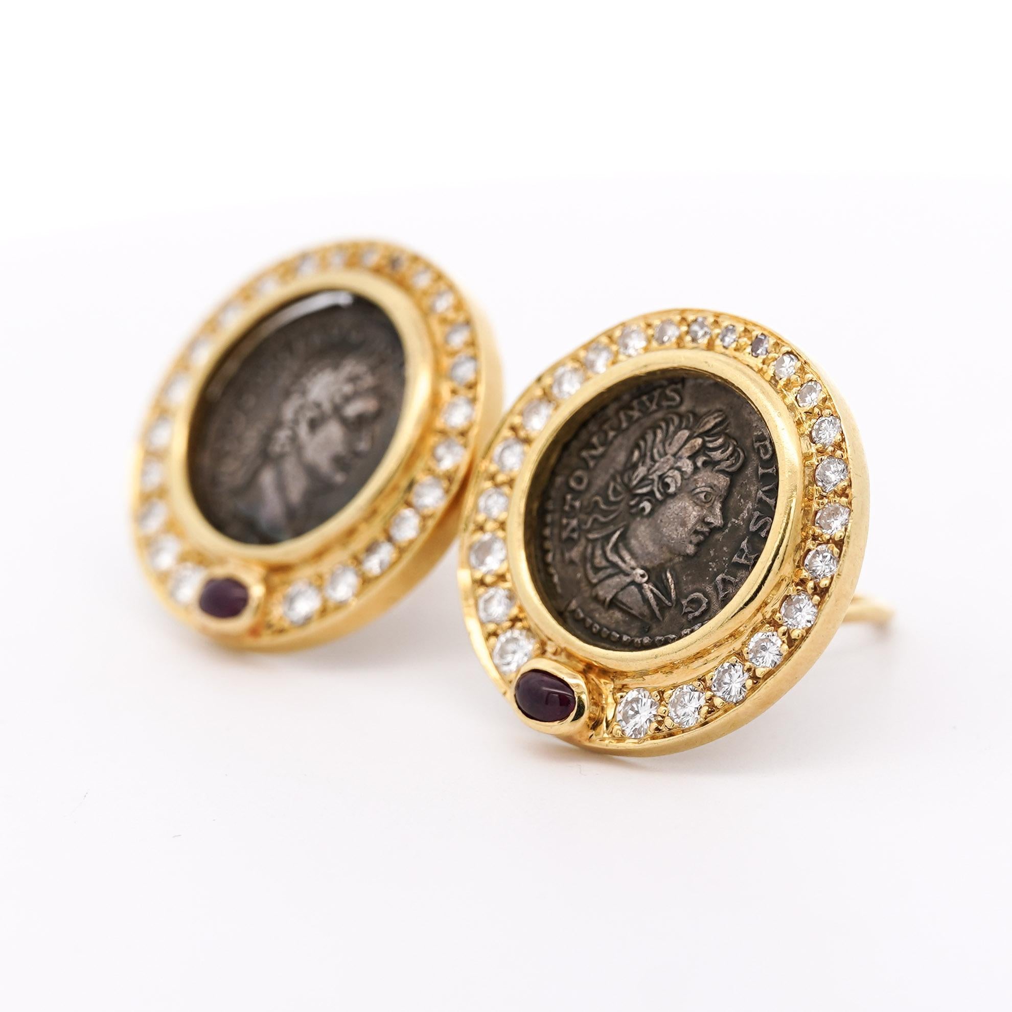 Art Deco Vintage Diamond & Ruby 18K Gold Roman Coin Replica Clip-On Earrings For Sale