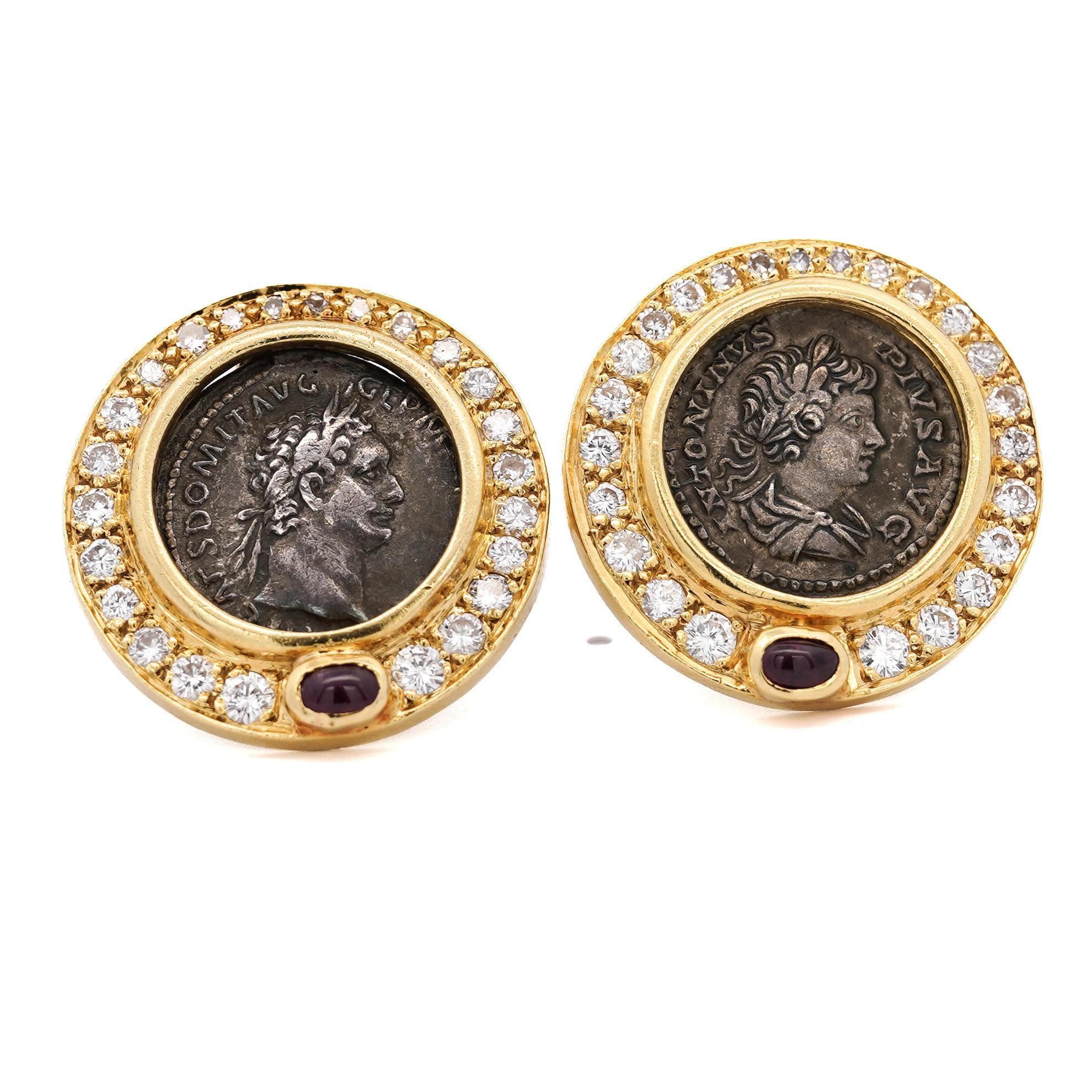 Cabochon Vintage Diamond & Ruby 18K Gold Roman Coin Replica Clip-On Earrings For Sale