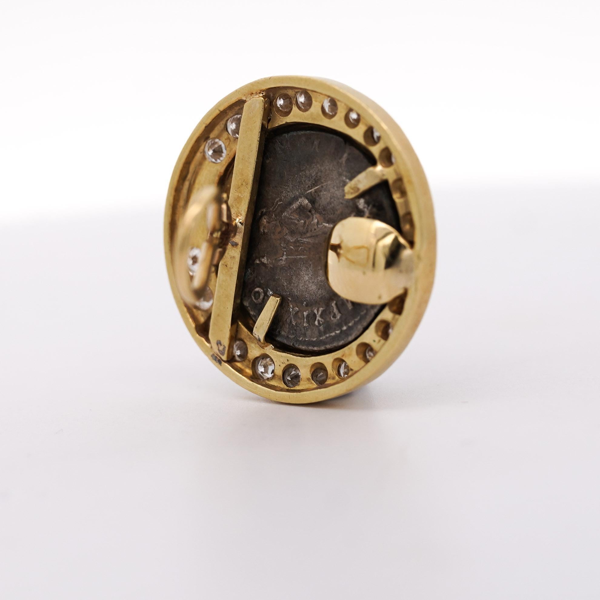 Vintage Diamond & Ruby 18K Gold Roman Coin Replica Clip-On Earrings In Excellent Condition For Sale In Miami, FL