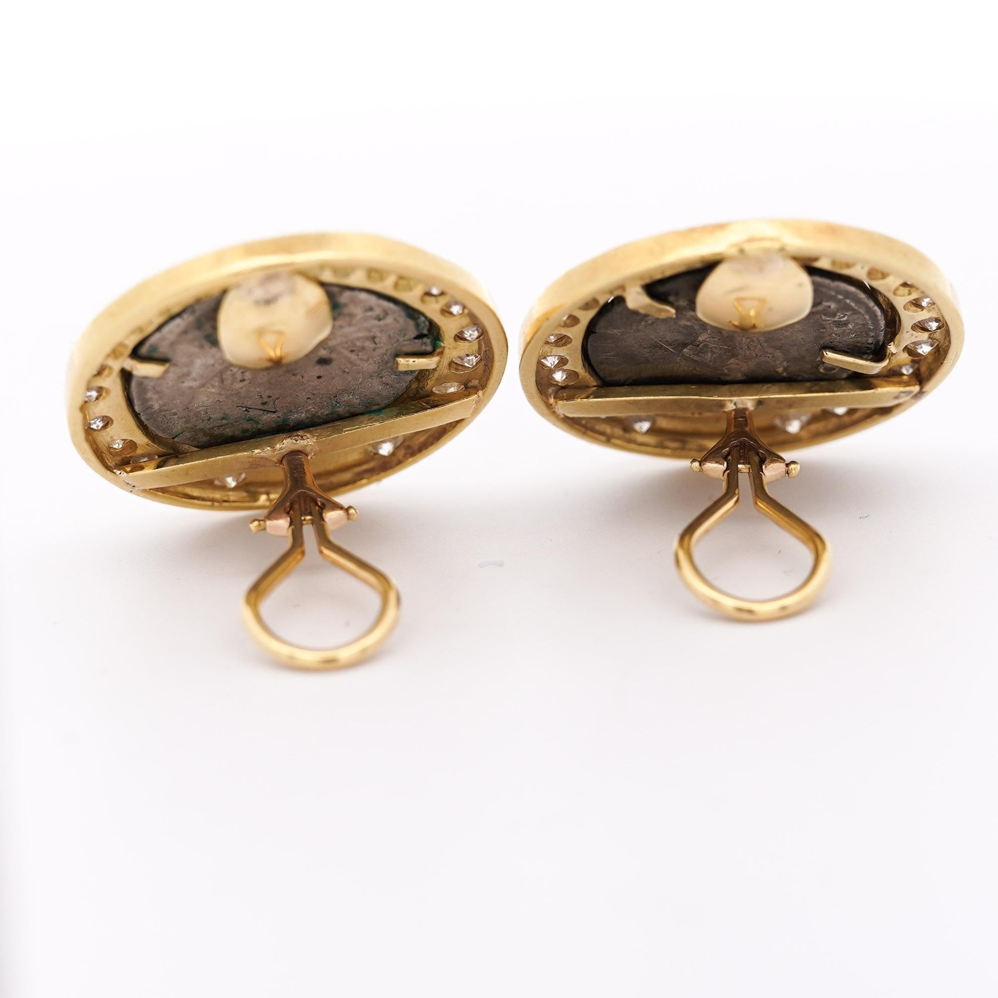 Vintage Diamond & Ruby 18K Gold Roman Coin Replica Clip-On Earrings For Sale 1