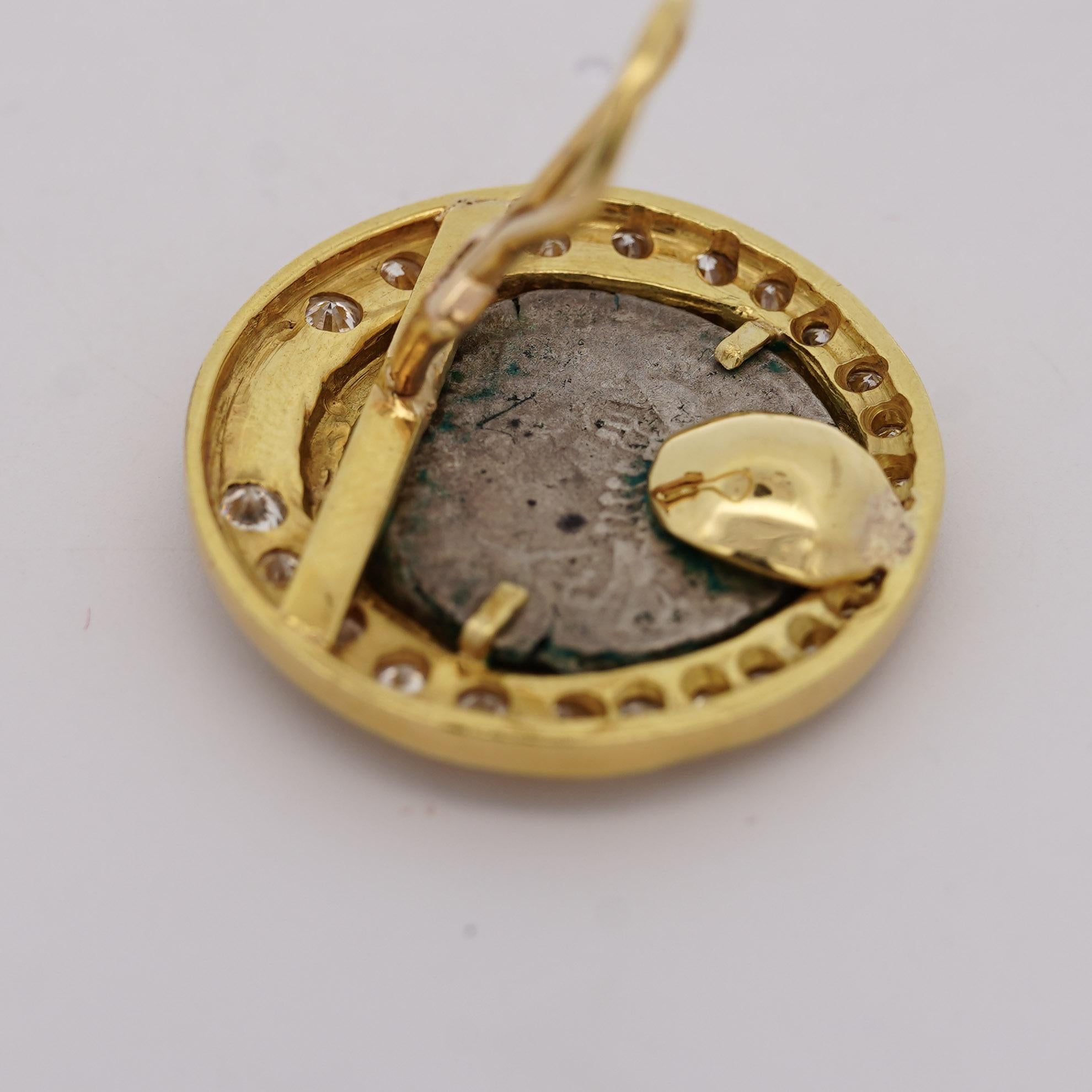 Vintage Diamond & Ruby 18K Gold Roman Coin Replica Clip-On Earrings For Sale 3