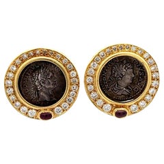 Vintage Diamond & Ruby 18K Gold Roman Coin Replica Clip-On Earrings