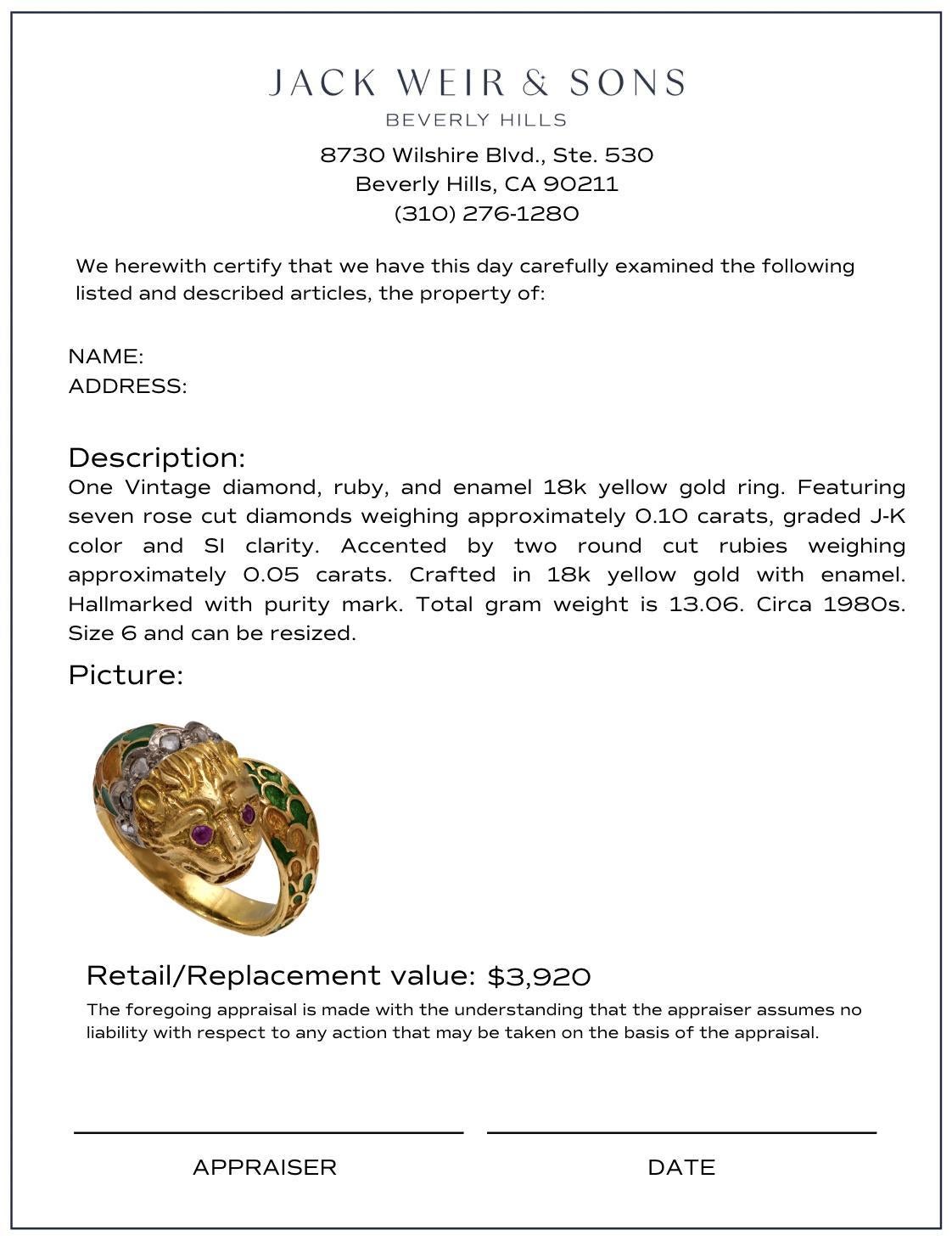 Vintage diamond ruby 18k yellow gold and enamel lion ring im Angebot 1
