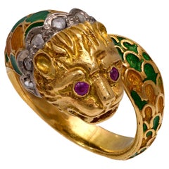 Vintage diamond ruby 18k yellow gold and enamel lion ring