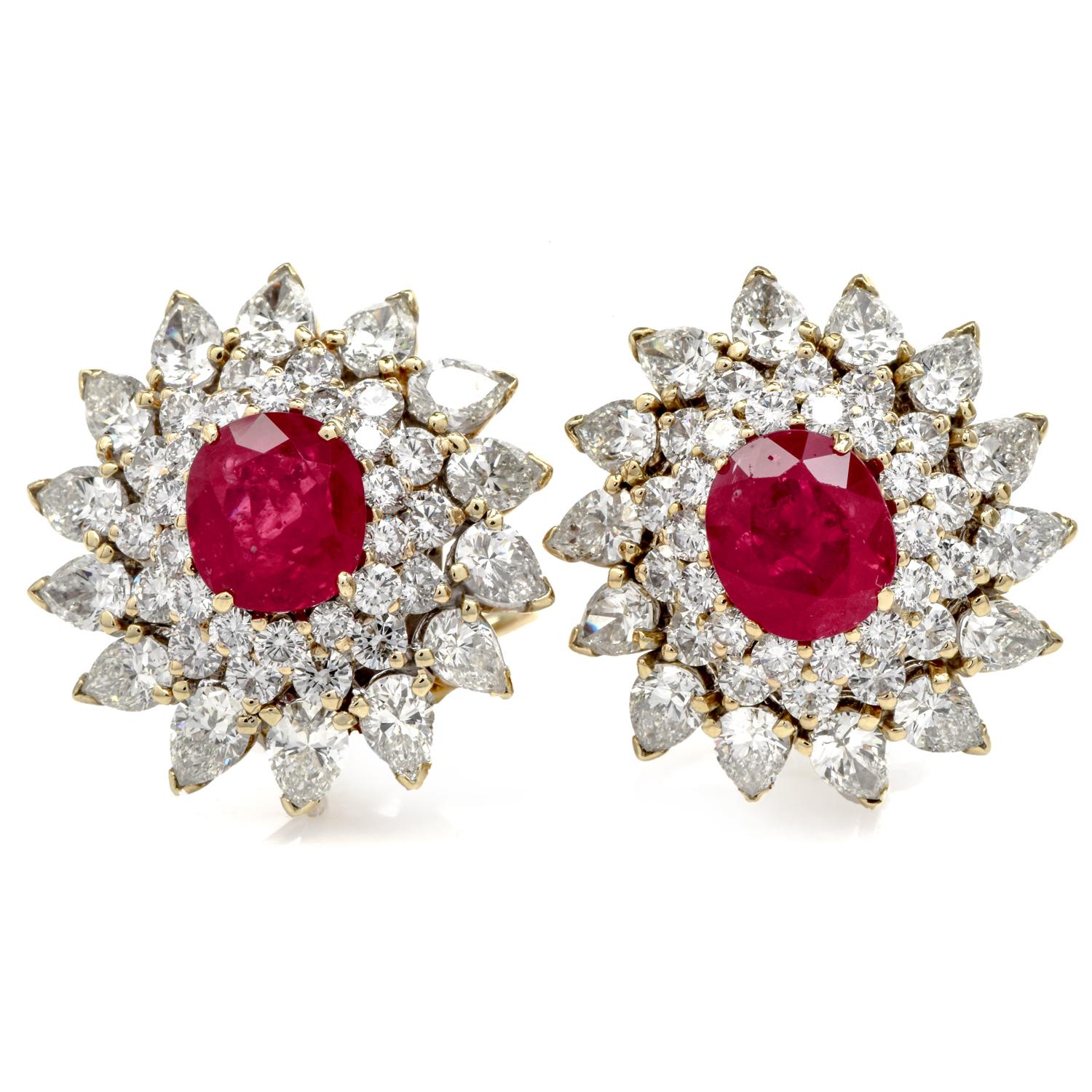 Vintage from Circa 1970s Flower Inspired Clip On Highly Sparkly Earrings.

Crafted in luxurious 18k yellow gold.

Enhanced in the center with Genuine Rubies with vivid red color, surrounded by three halos of  (56) round-cut & (30) Pear
