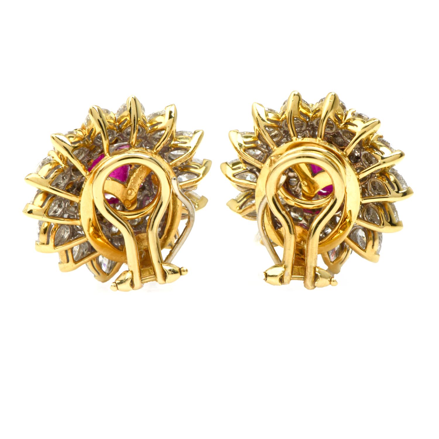Retro Vintage Diamond Ruby 18K Yellow Gold Flower Clip on Stud Earrings For Sale