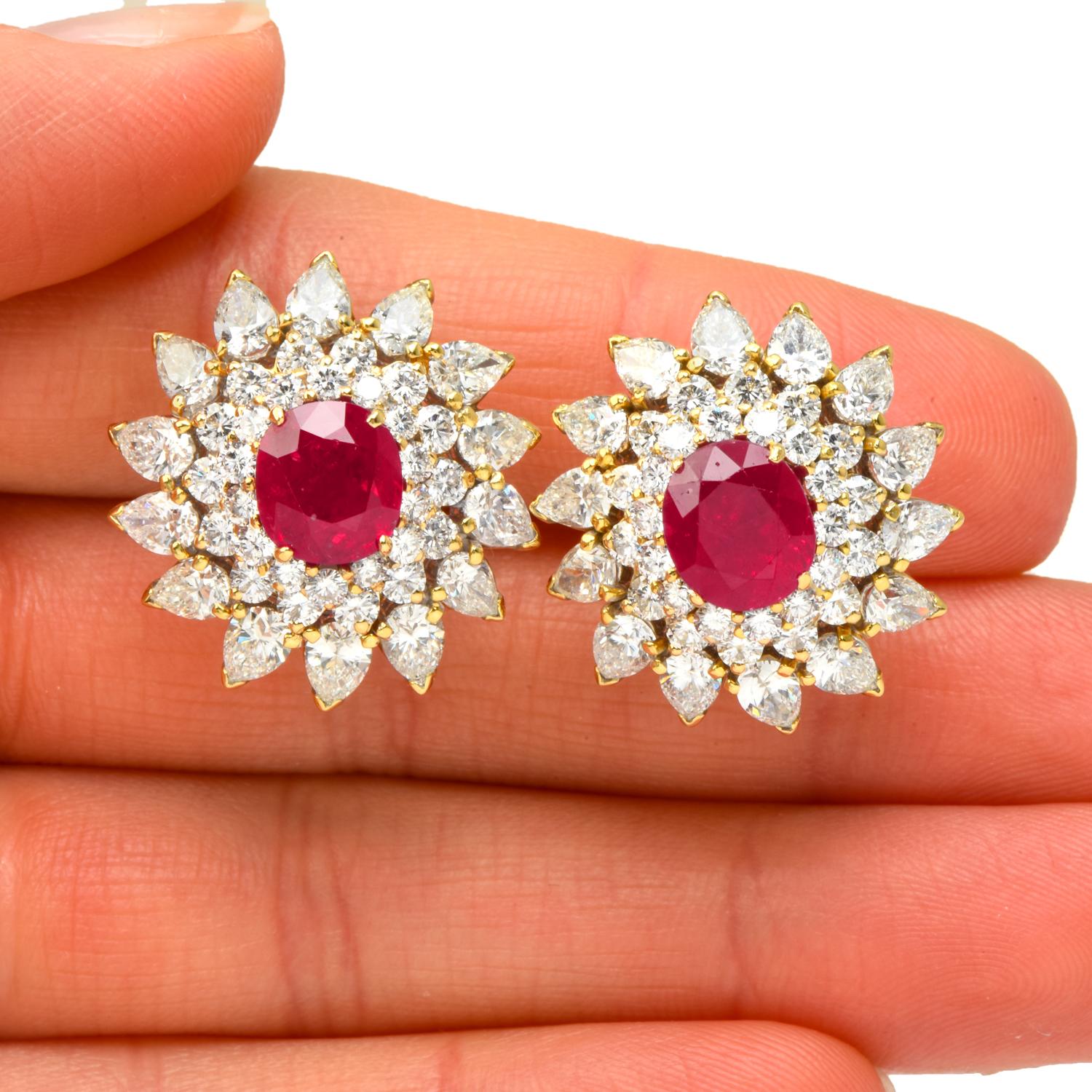 Oval Cut Vintage Diamond Ruby 18K Yellow Gold Flower Clip on Stud Earrings For Sale