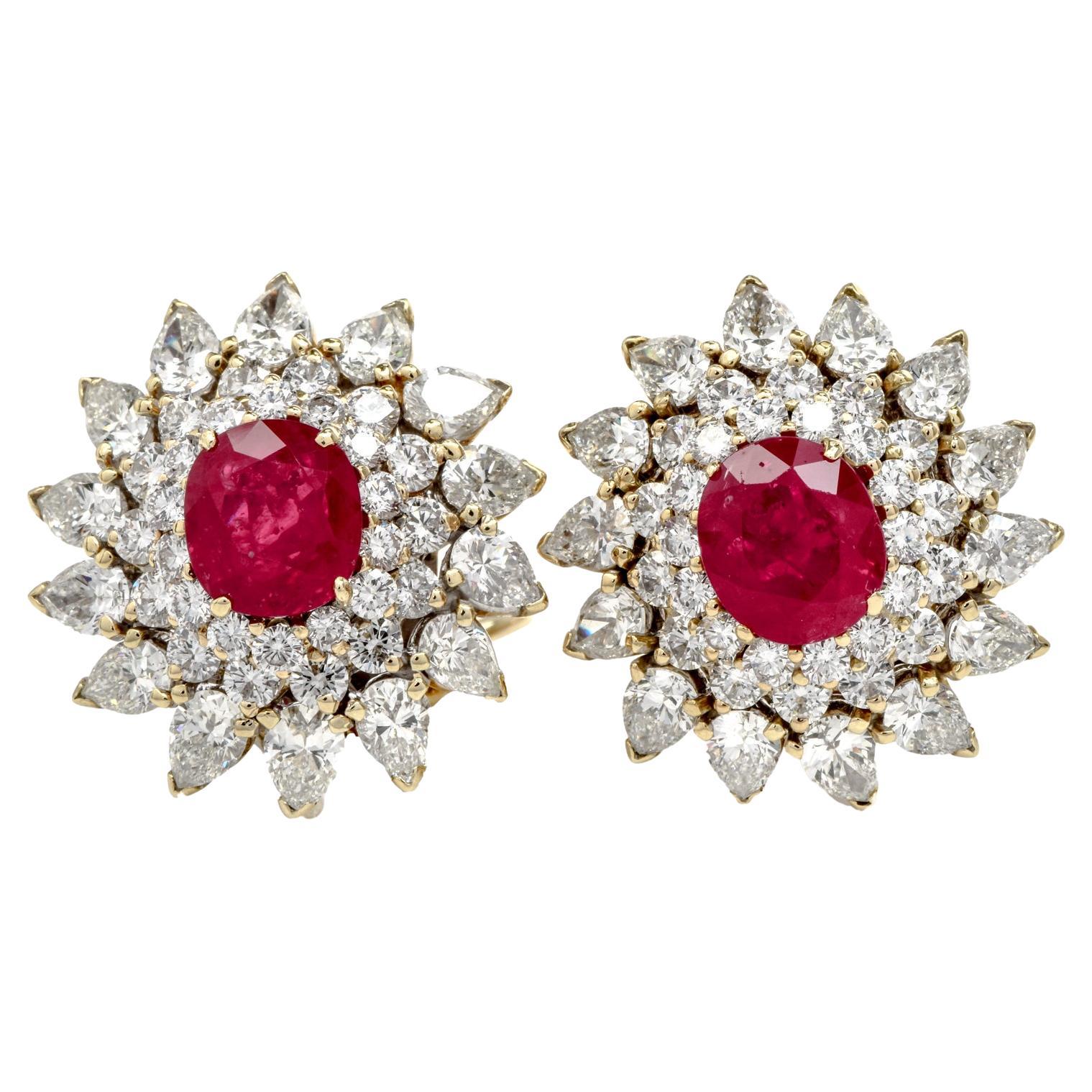 Vintage Diamond Ruby 18K Yellow Gold Flower Clip on Stud Earrings For Sale