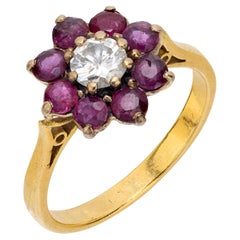 Vintage diamond ruby 18k yellow gold flower ring