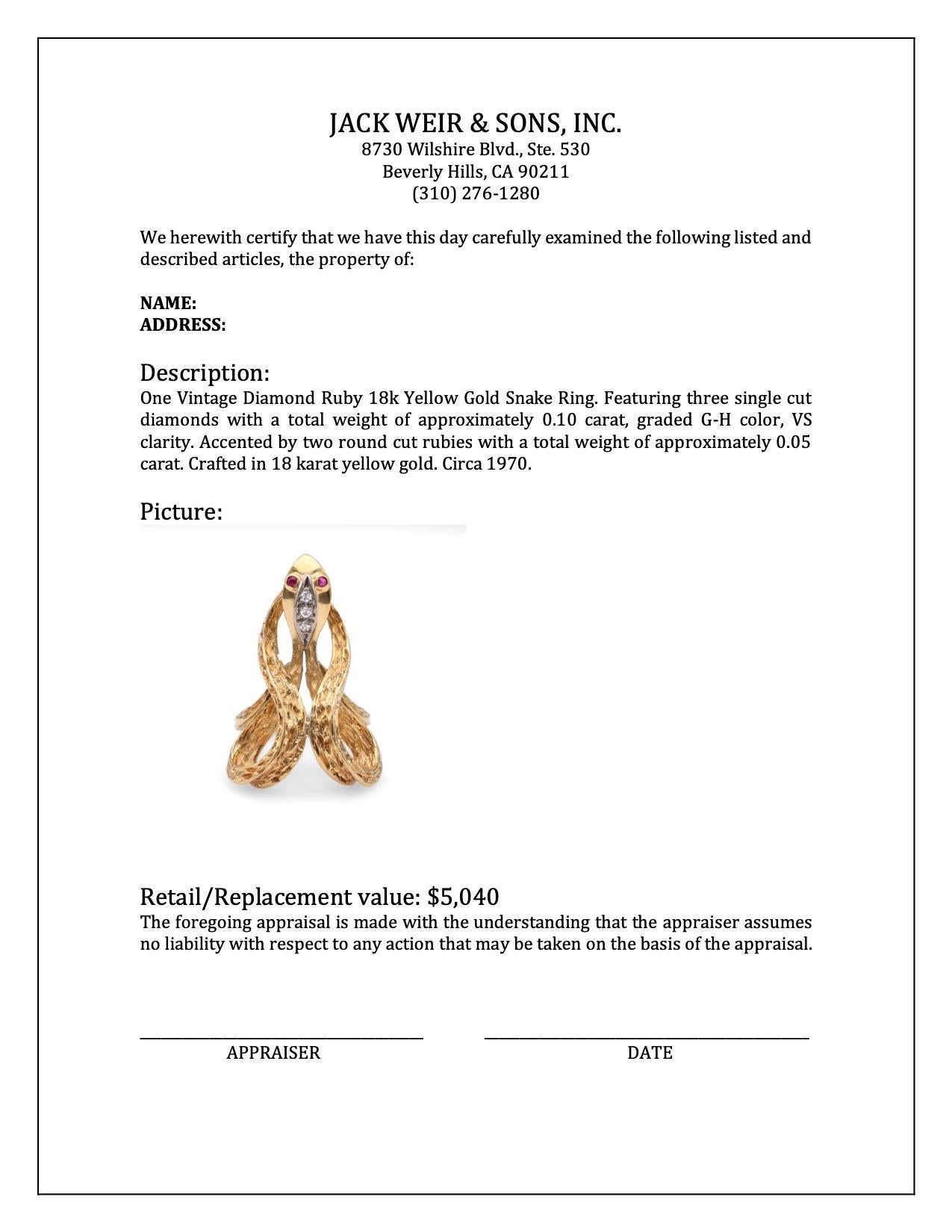 Bague serpent vintage en or jaune 18 carats avec diamants et rubis en vente 1