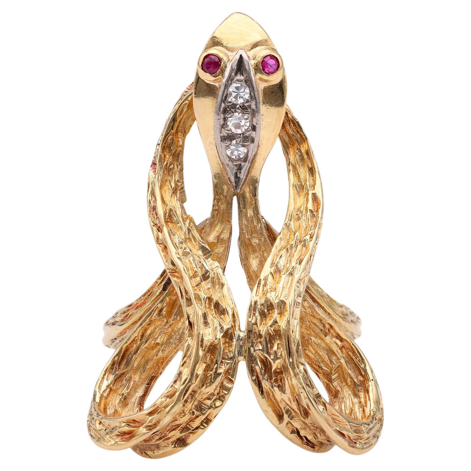 Vintage Diamond Ruby 18k Yellow Gold Snake Ring For Sale