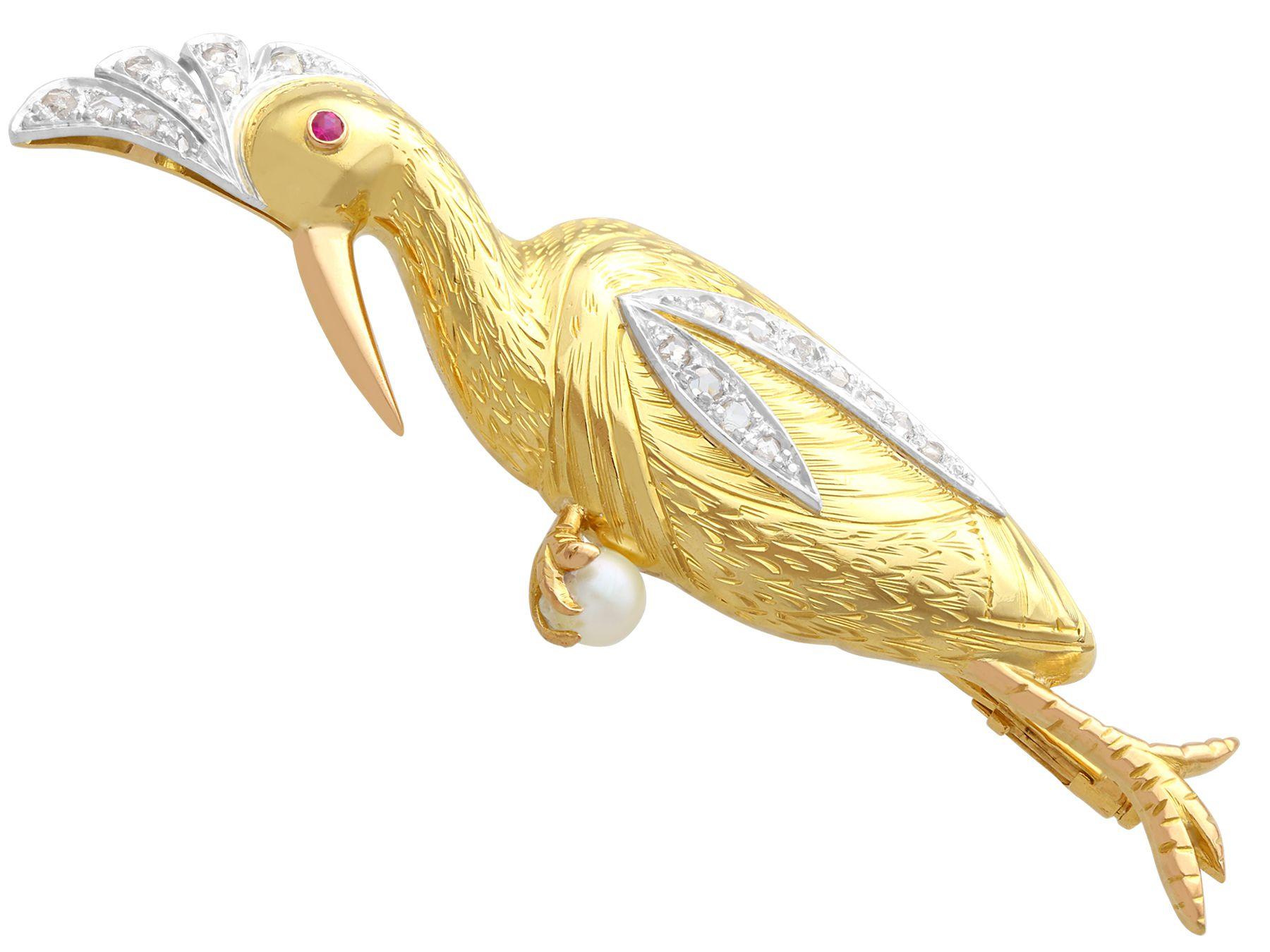 Round Cut Vintage Diamond, Ruby and Pearl Yellow Gold Bird Brooch, circa 1940 For Sale