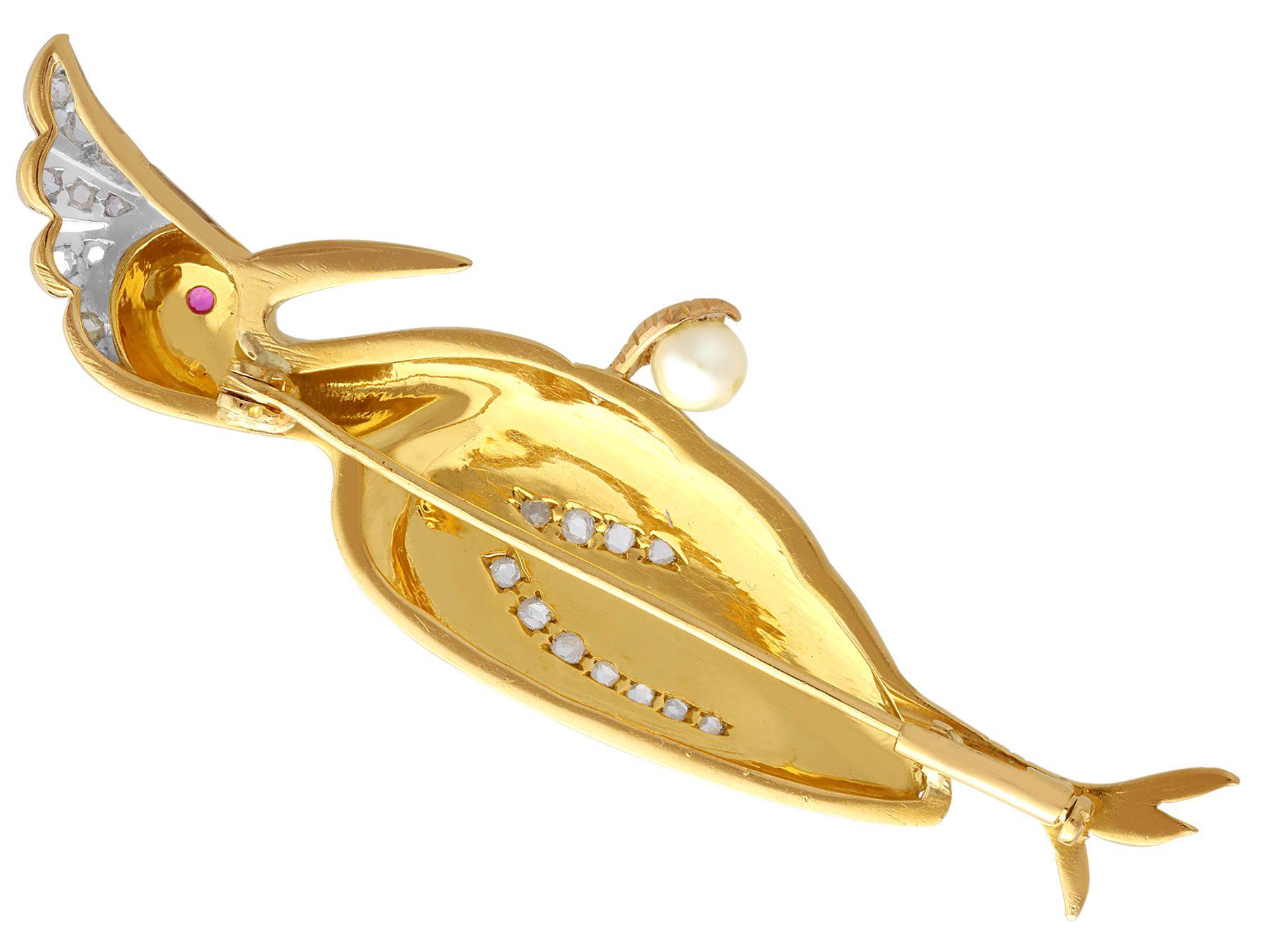 Women's or Men's Vintage Diamond, Ruby and Pearl Yellow Gold Bird Brooch, circa 1940 For Sale