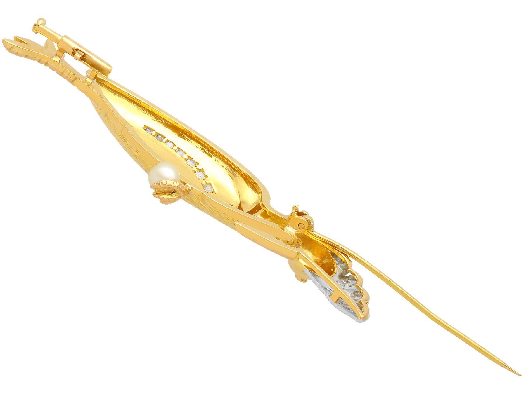 Vintage Diamond, Ruby and Pearl Yellow Gold Bird Brooch, circa 1940 For Sale 1