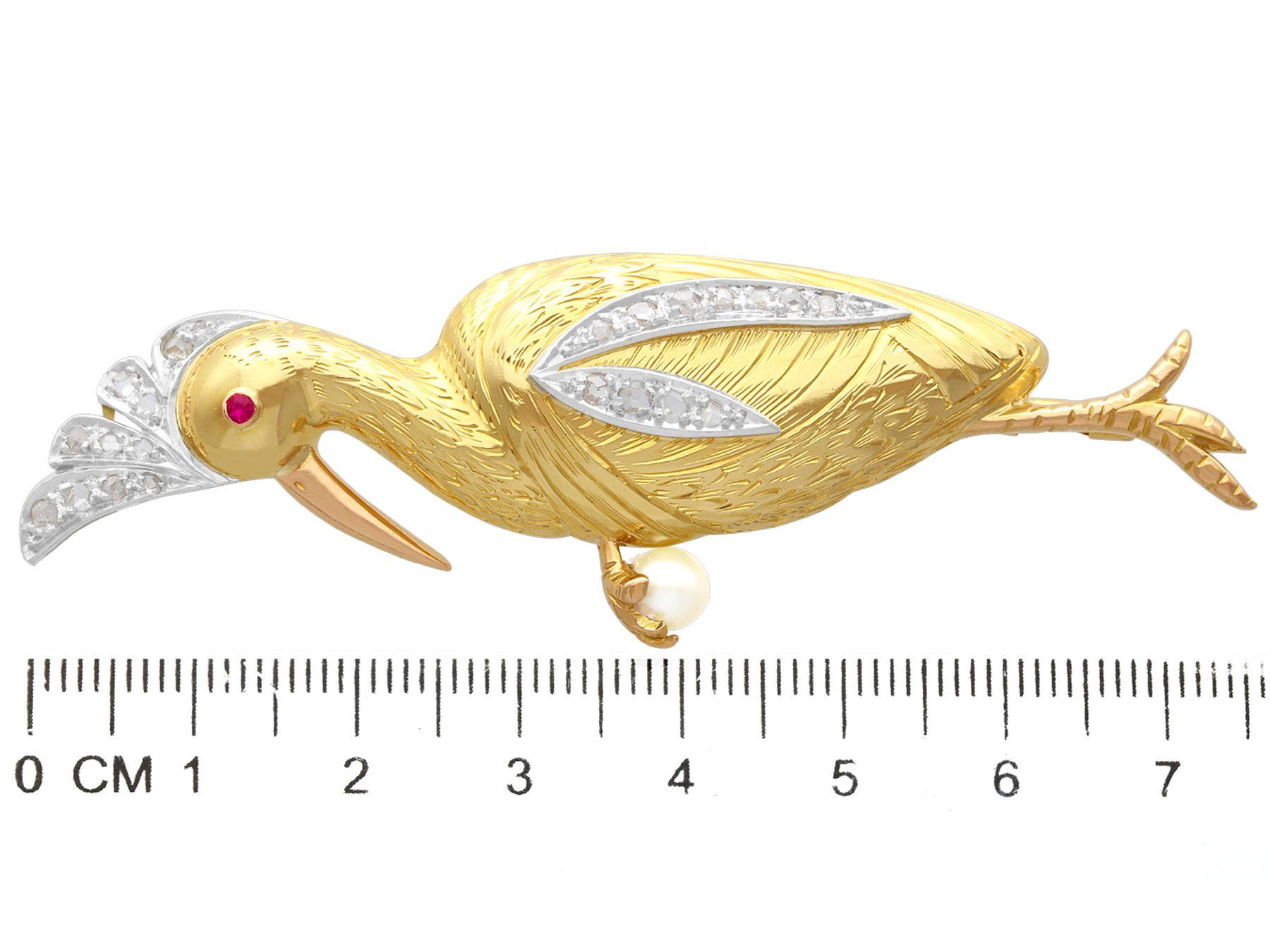 Vintage Diamond, Ruby and Pearl Yellow Gold Bird Brooch, circa 1940 For Sale 2