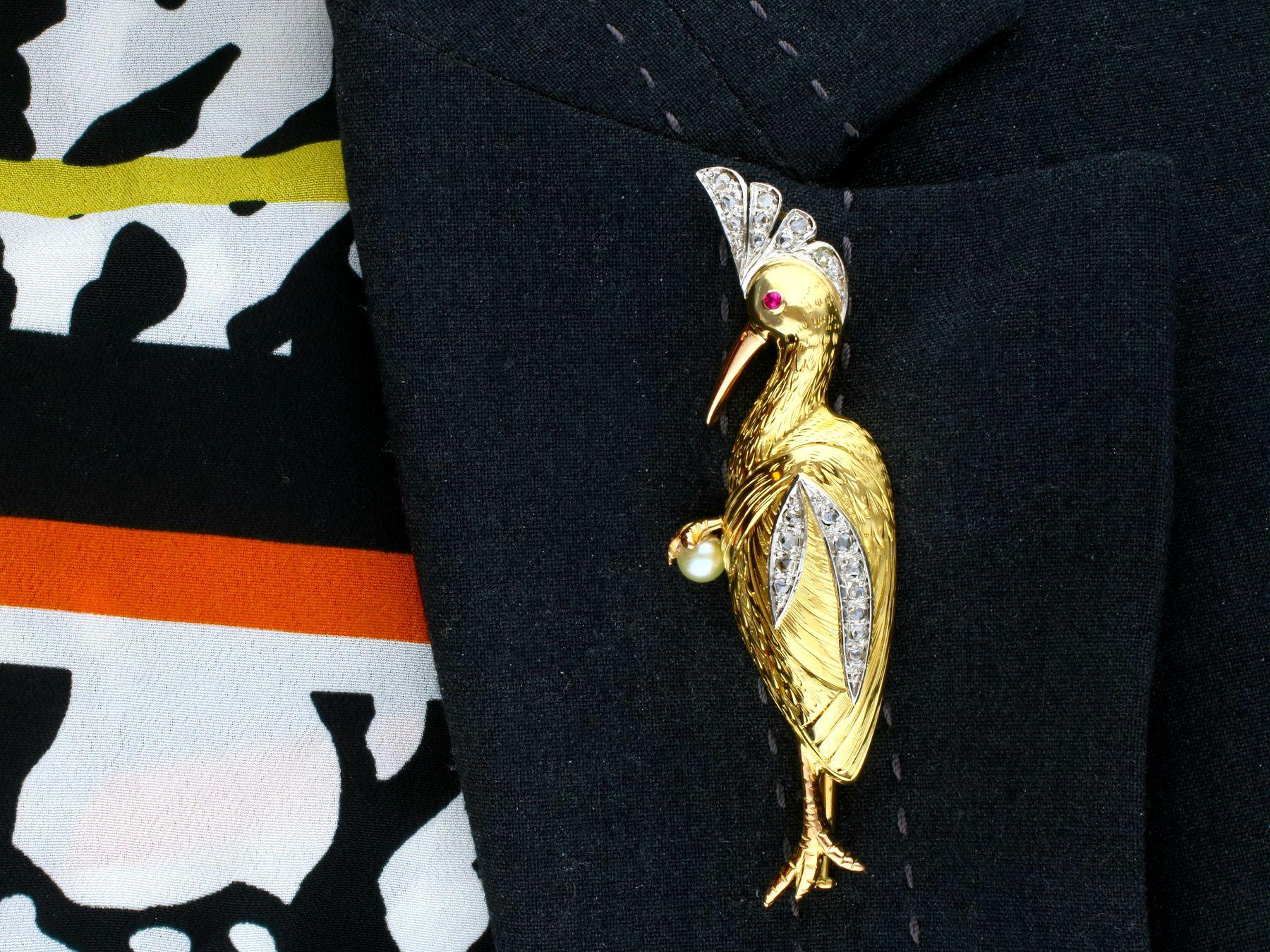 Vintage Diamond, Ruby and Pearl Yellow Gold Bird Brooch, circa 1940 For Sale 3