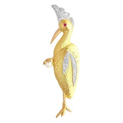 Vintage Diamond, Ruby and Pearl Yellow Gold Bird Brooch, circa 1940