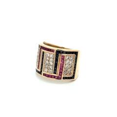 Vintage Diamond Ruby and Sapphire 15.5mm Gold Band Ring