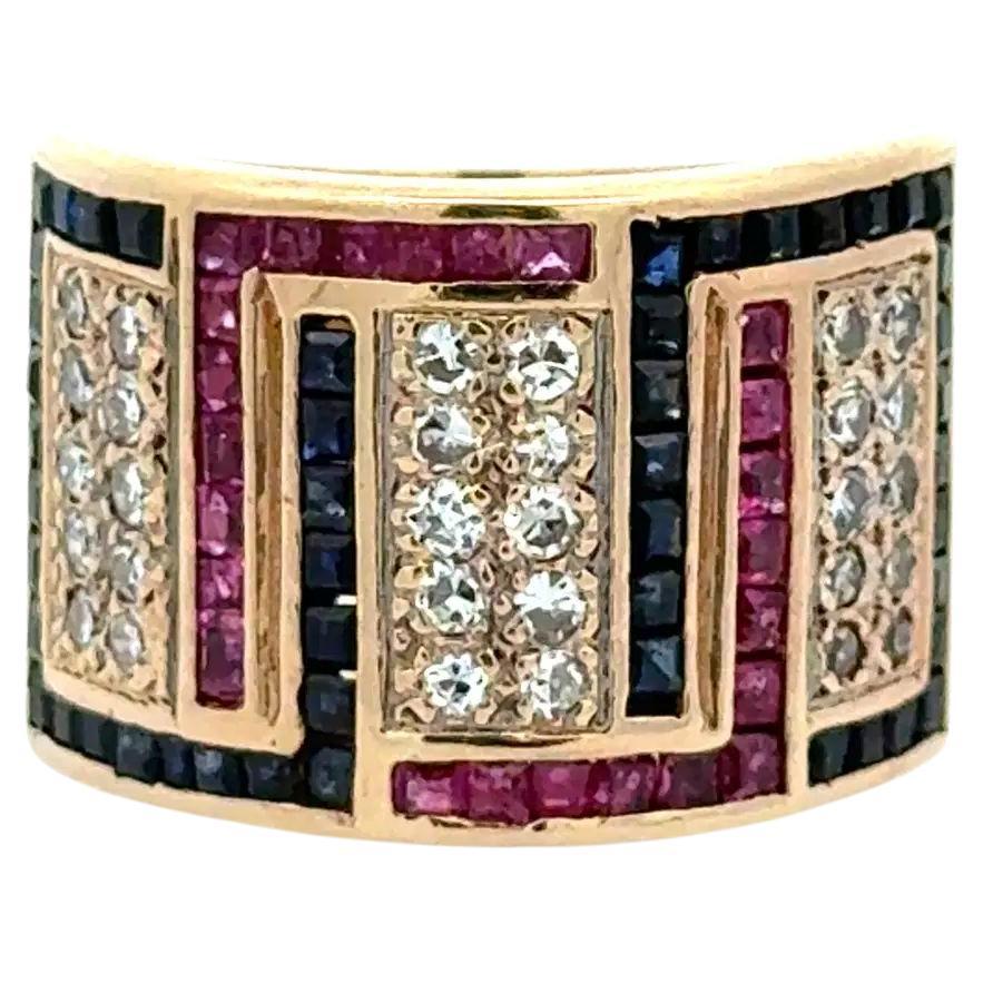Vintage Diamond Ruby and Sapphire 15.5mm Gold Band Ring For Sale
