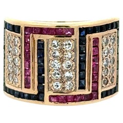 Vintage Diamond Ruby and Sapphire 15.5mm Gold Band Ring Vintage Diamond Ruby and Sapphire 15.5mm Gold Band Ring