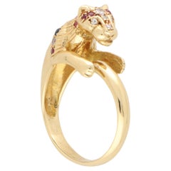 Vintage Diamond, Ruby and Sapphire Leopard Ring in 14k Yellow Gold