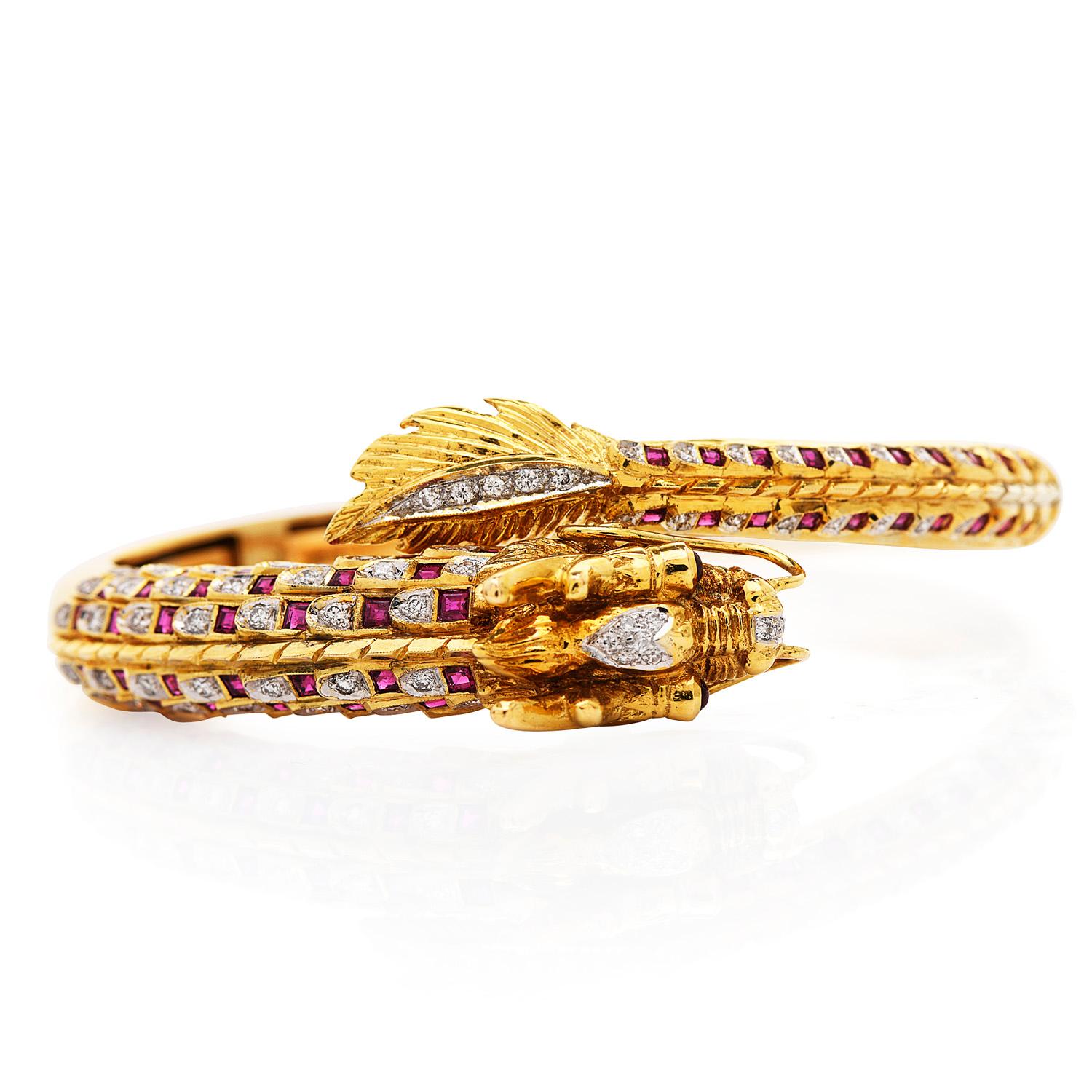 Vintage exquisite Asian Dragon Highly Detailed 18K Gold Bangle Bracelet, 

Its mystical eyes are represented by two genuine Rubies in a round shape and bezel set and  (49) genuine Rubies in a square shape and bezel set, totaling carats. , totaling