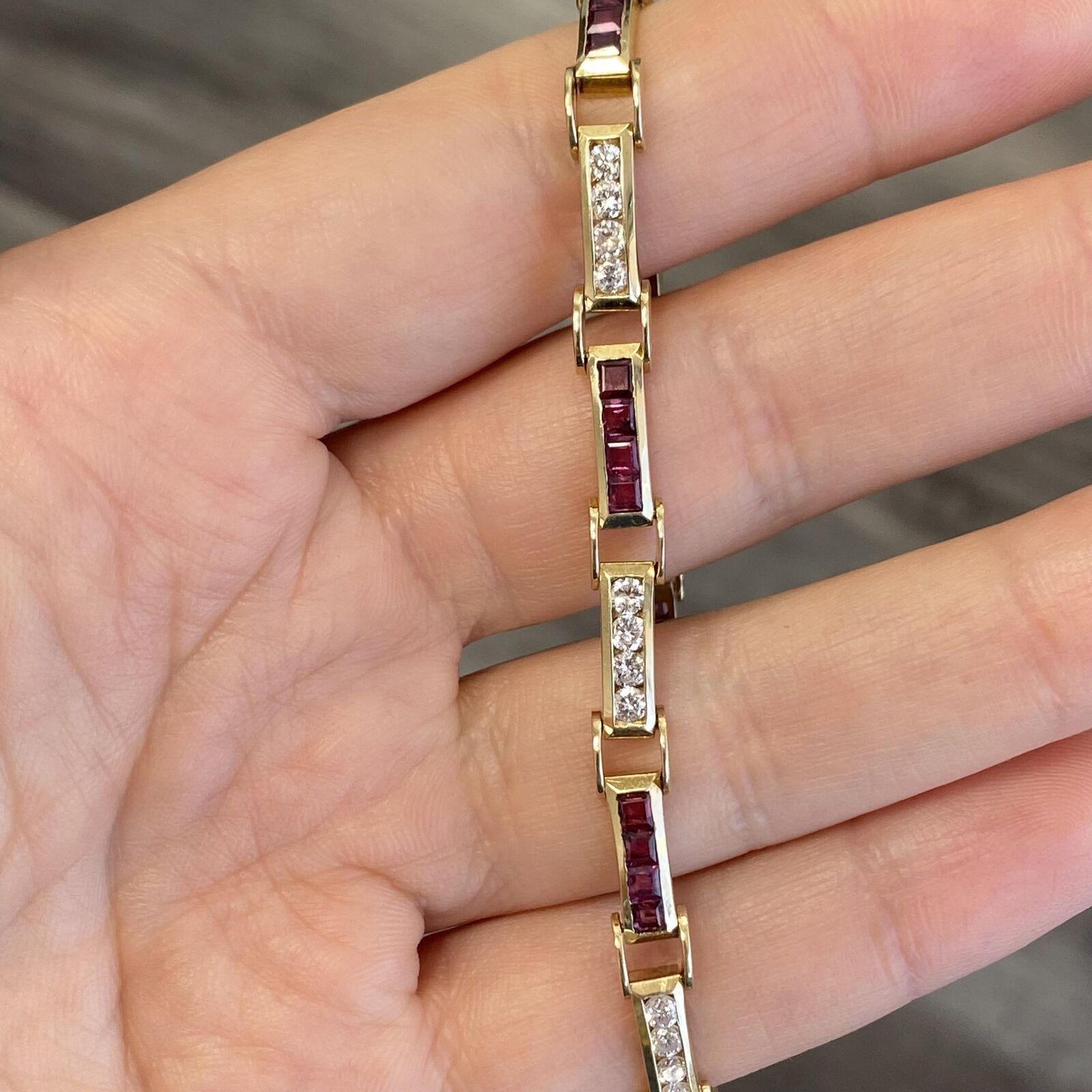 Contemporary Vintage Diamond & Ruby Bracelet in 14K Yellow Gold For Sale