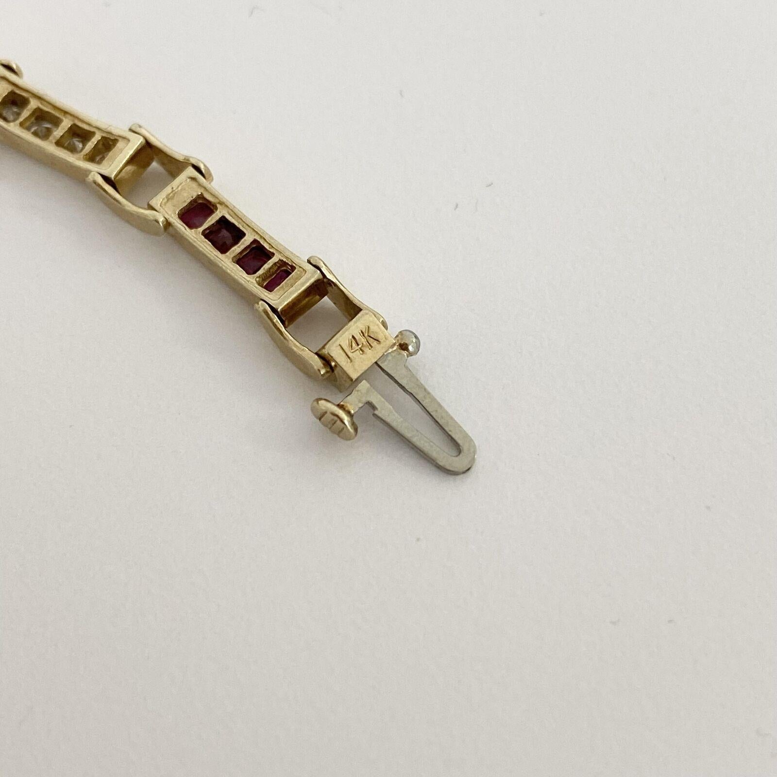 Radiant Cut Vintage Diamond & Ruby Bracelet in 14K Yellow Gold For Sale