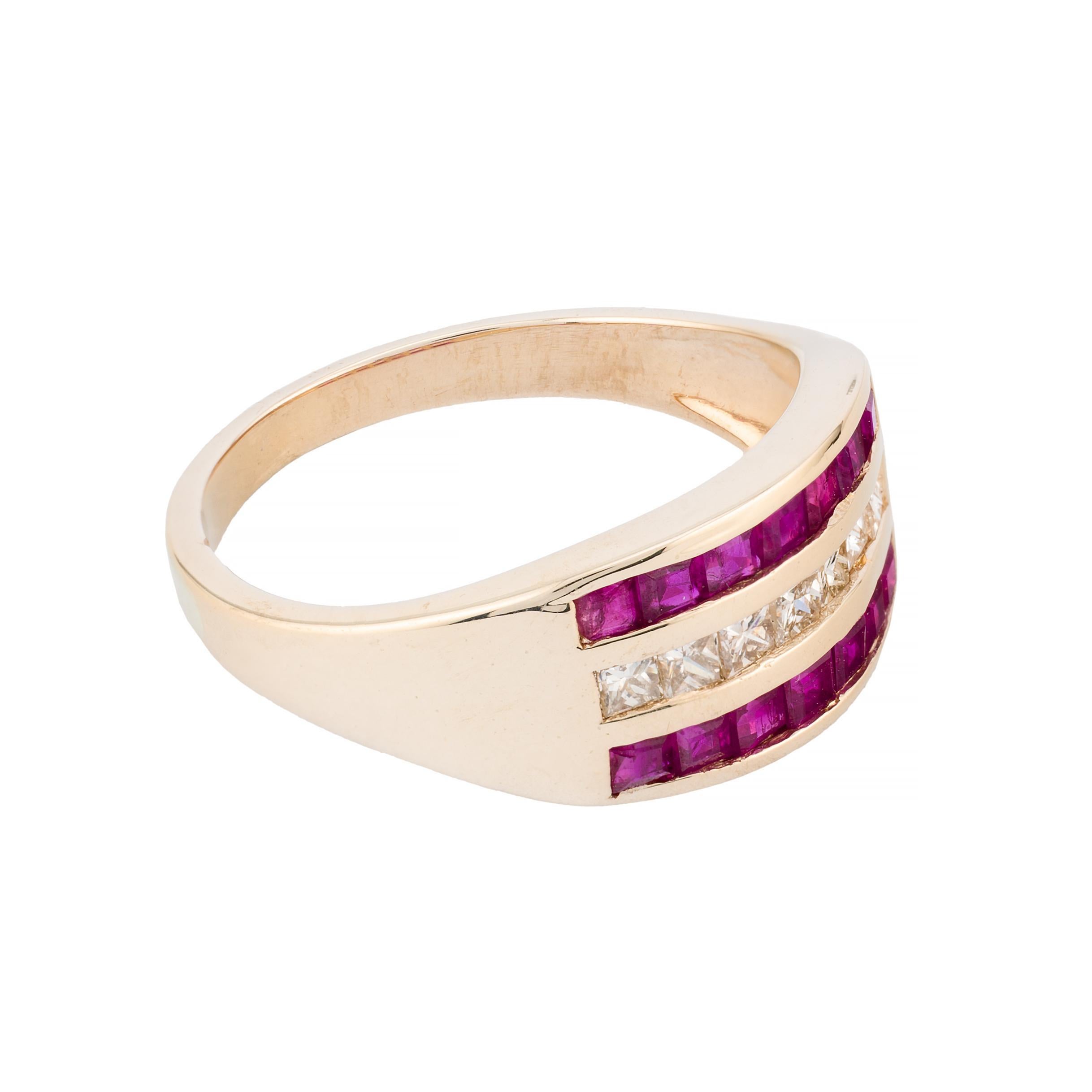 Retro Vintage Diamond & Ruby Channel Set Three Row Band Ring in 14K Yellow Gold For Sale