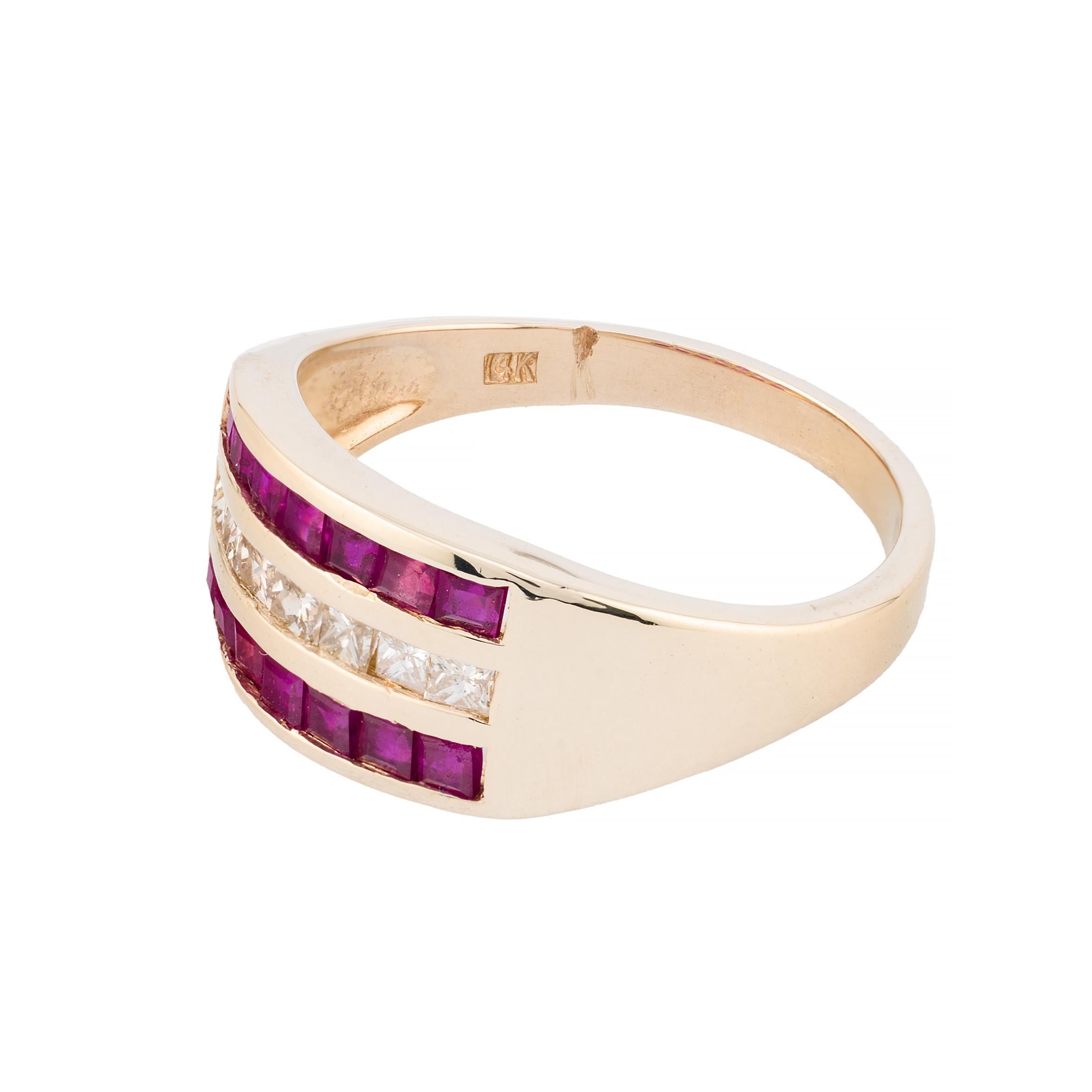 Princess Cut Vintage Diamond & Ruby Channel Set Three Row Band Ring in 14K Yellow Gold For Sale