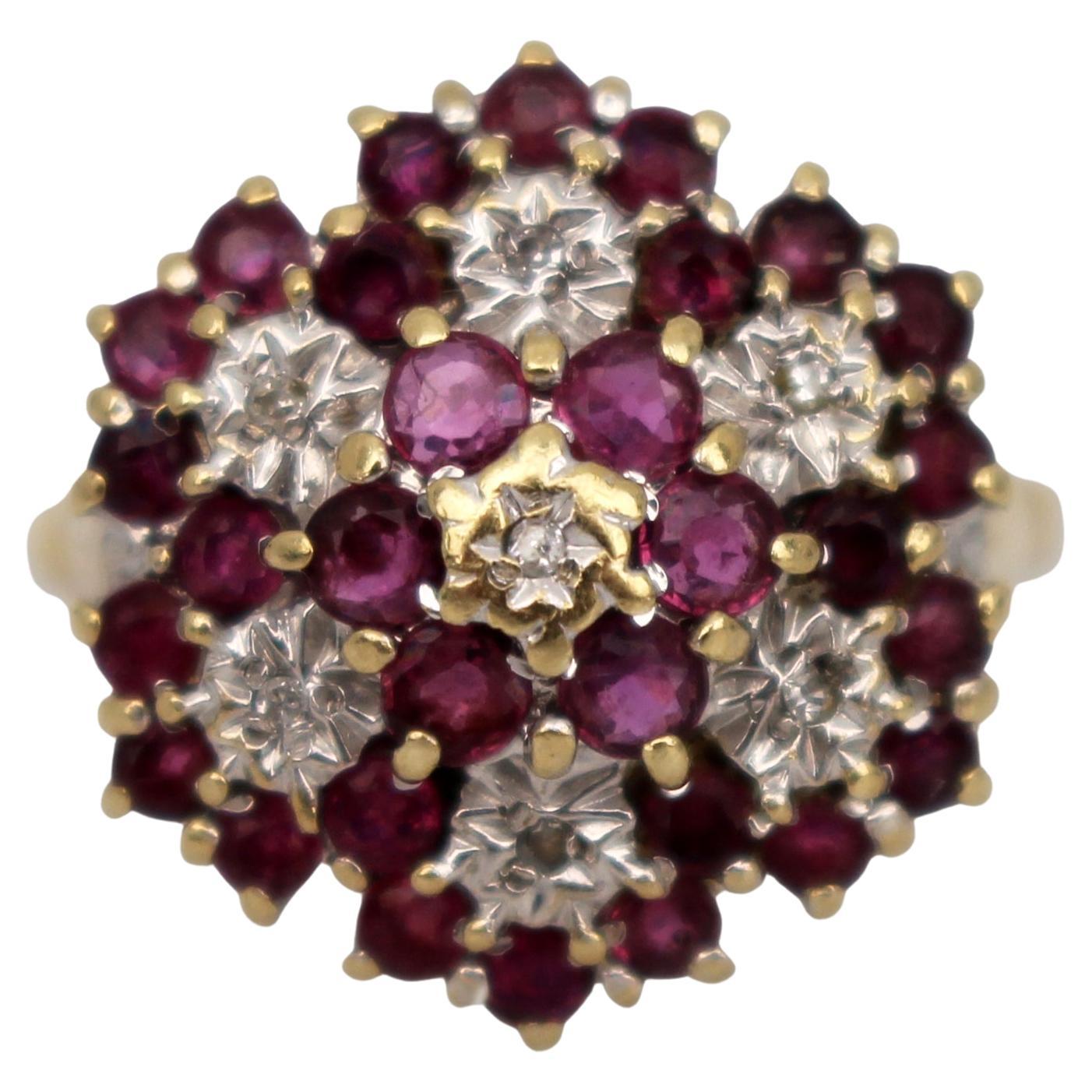 Vintage Diamond & Ruby Cluster Ring in 9ct Gold For Sale
