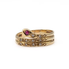 Vintage Gold Diamond Ruby Coiled Snake Ring Full Hallmarks circa 1980s