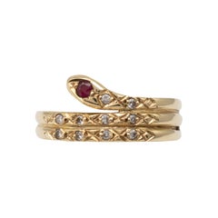 Vintage Gold Diamond Ruby Coiled Snake Ring Full Hallmarks circa 1980s