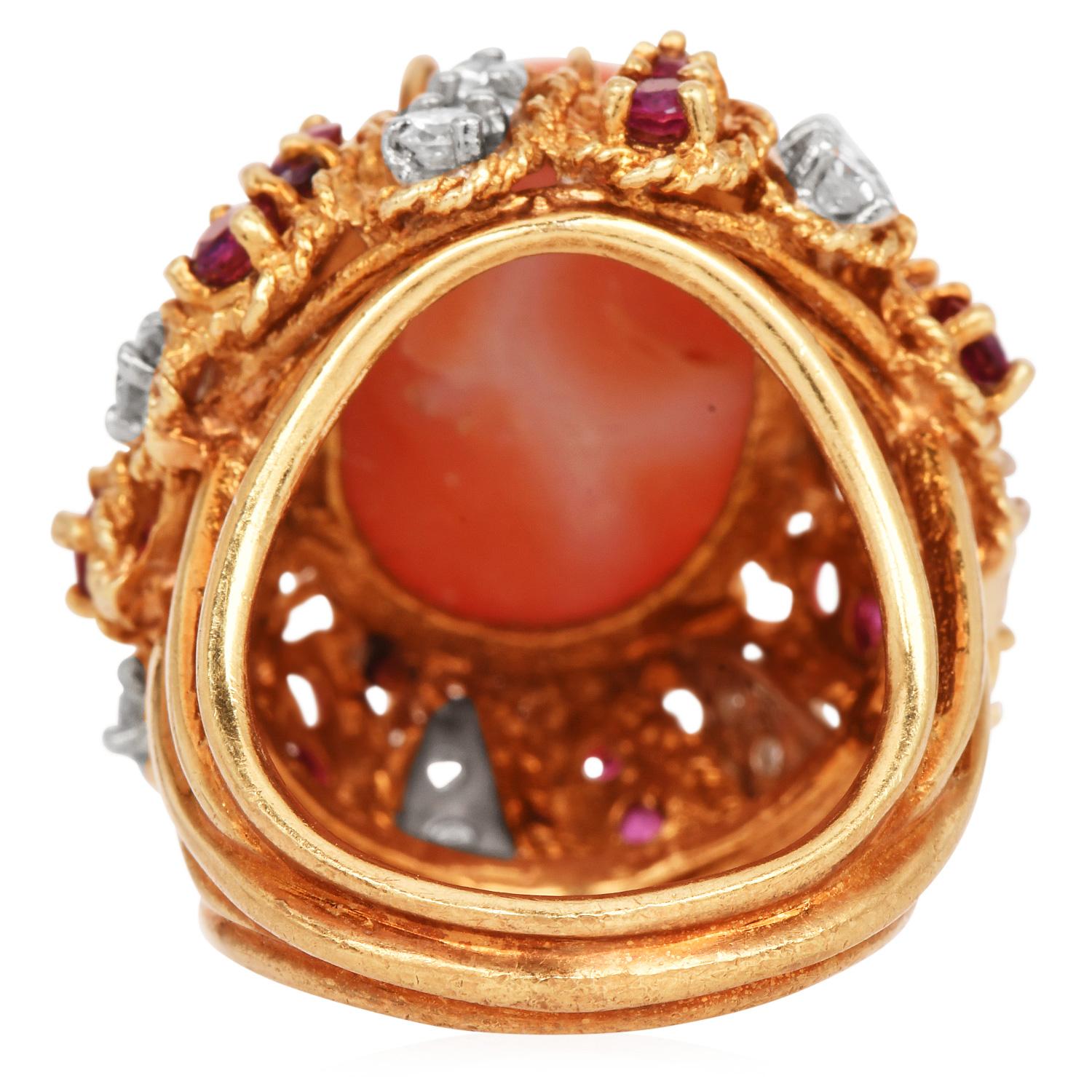 Retro Vintage Diamond  Ruby Coral 18K Yellow Gold Dome Cocktail Ring