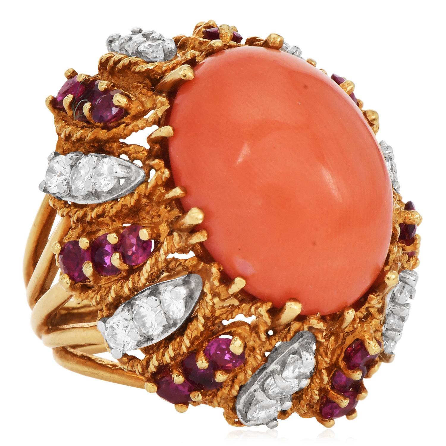 Cabochon Vintage Diamond  Ruby Coral 18K Yellow Gold Dome Cocktail Ring