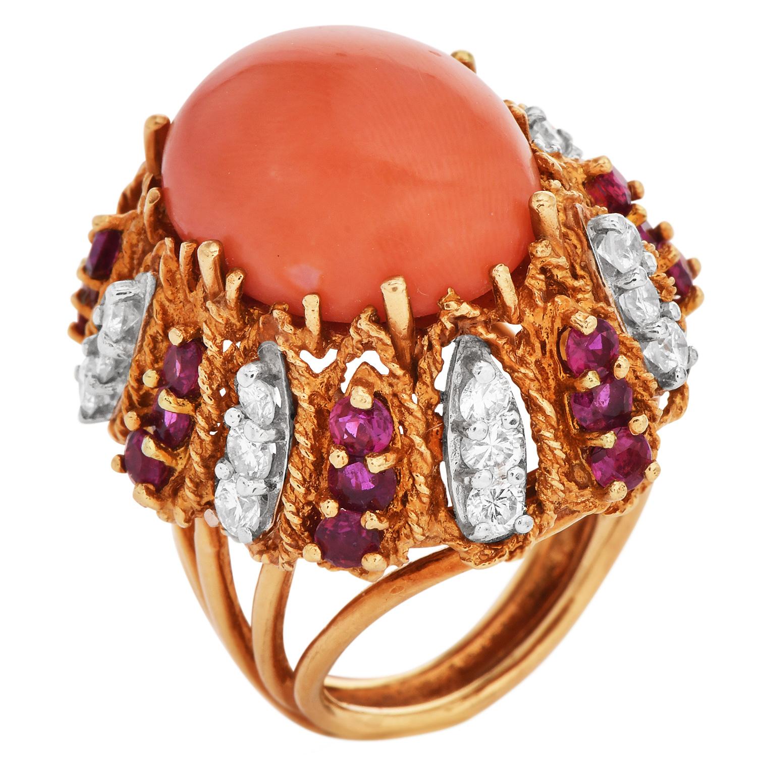 Vintage Diamond  Ruby Coral 18K Yellow Gold Dome Cocktail Ring In Excellent Condition In Miami, FL