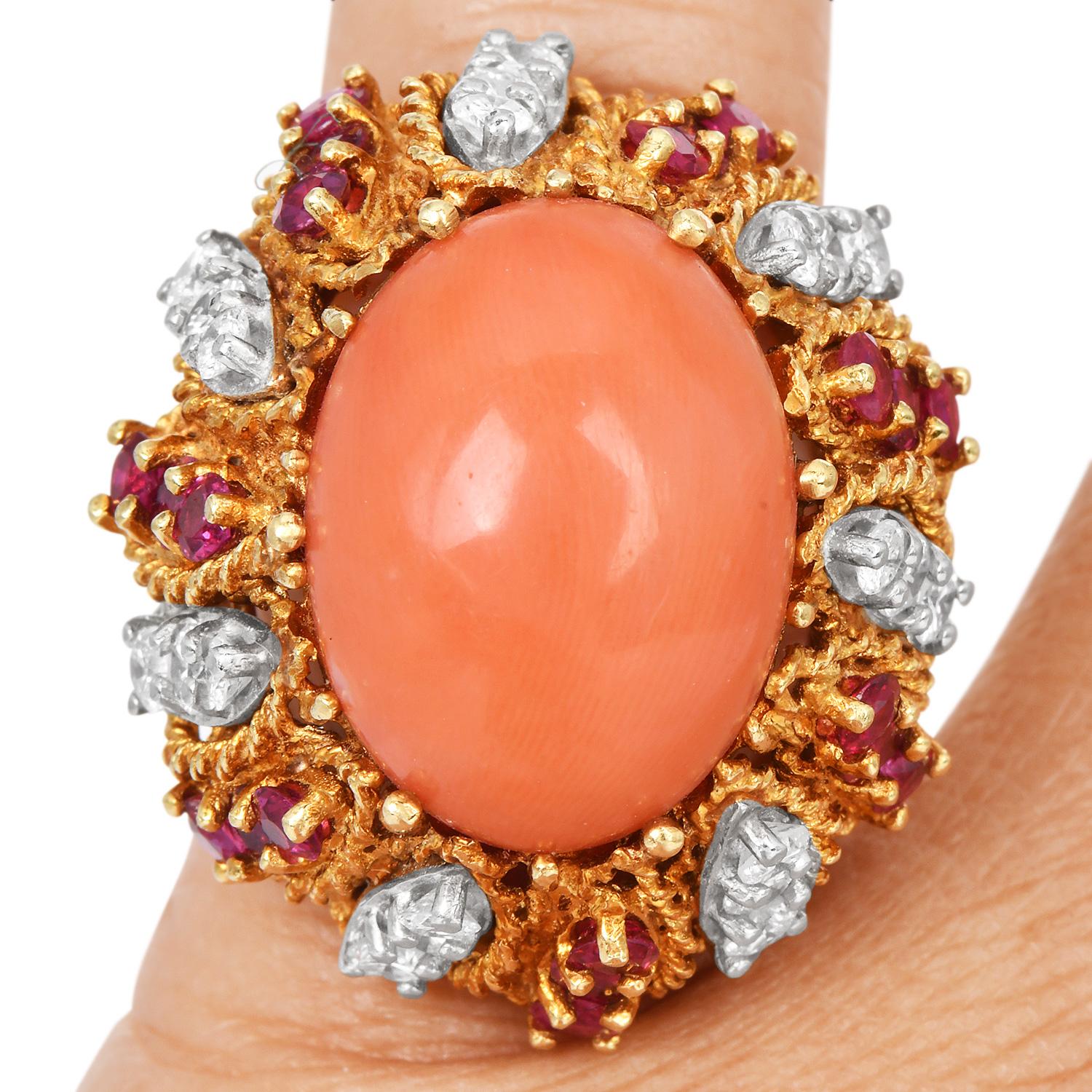 Women's Vintage Diamond  Ruby Coral 18K Yellow Gold Dome Cocktail Ring