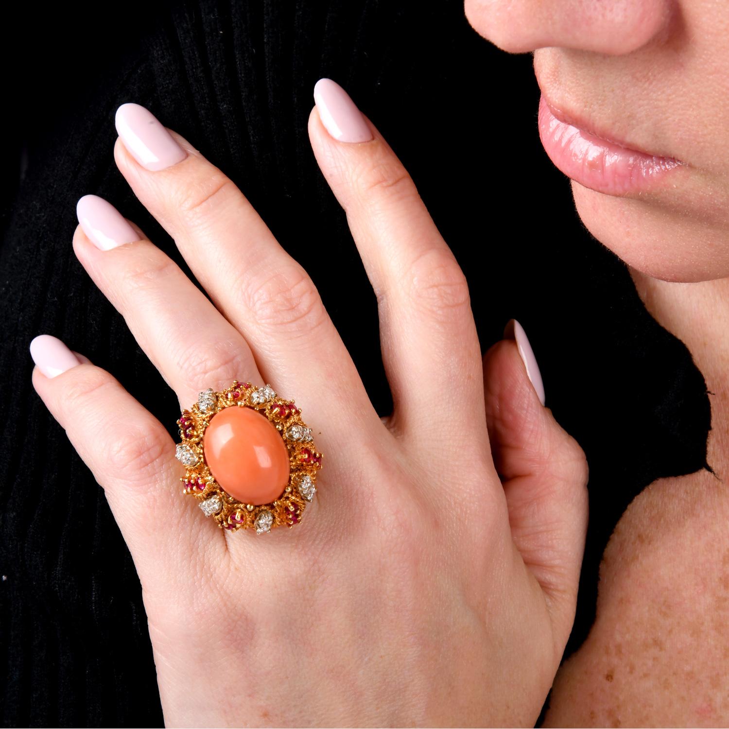 Vintage Diamond  Ruby Coral 18K Yellow Gold Dome Cocktail Ring 1