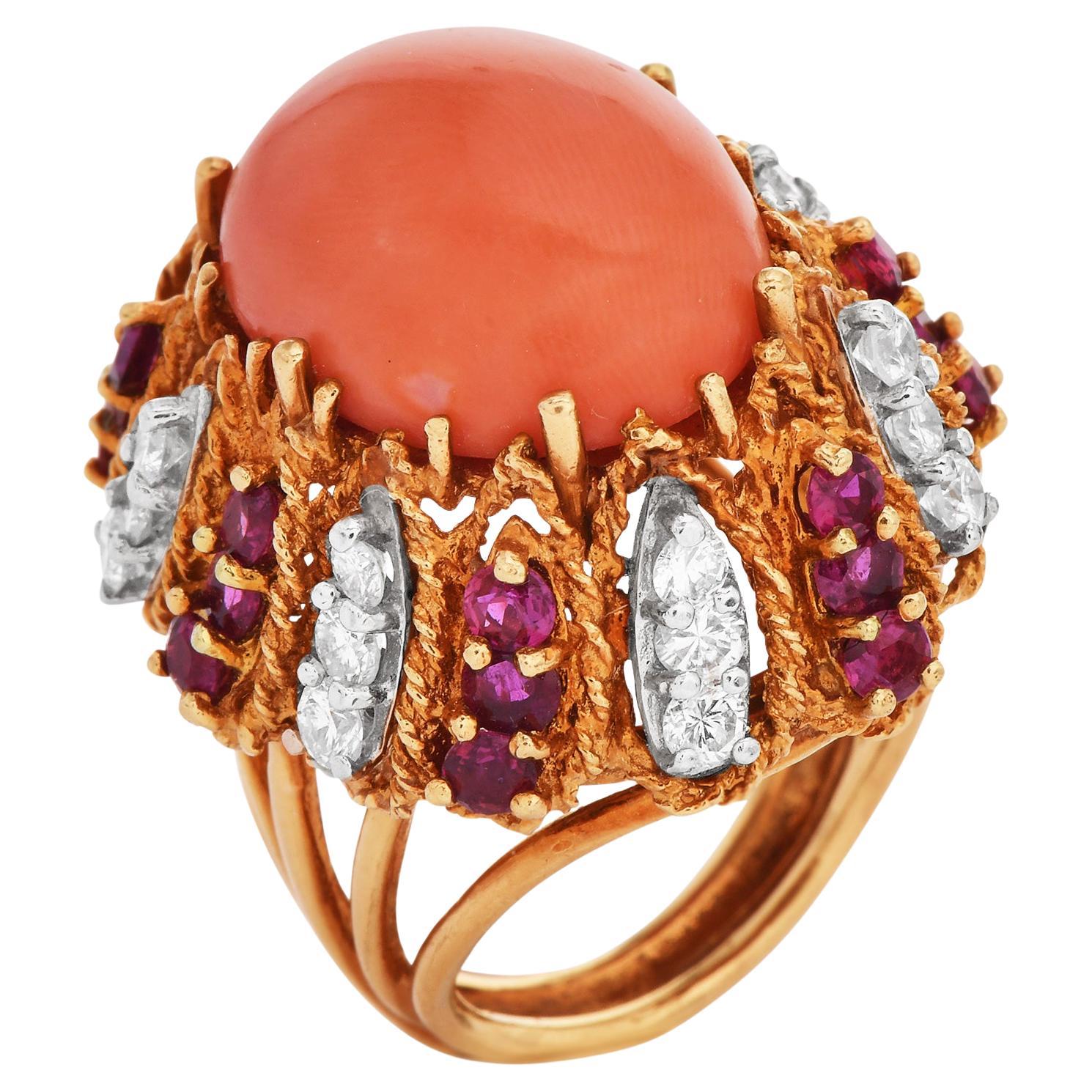 Vintage Diamond  Ruby Coral 18K Yellow Gold Dome Cocktail Ring