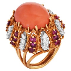 Vintage Diamond  Ruby Coral 18K Yellow Gold Dome Cocktail Ring 