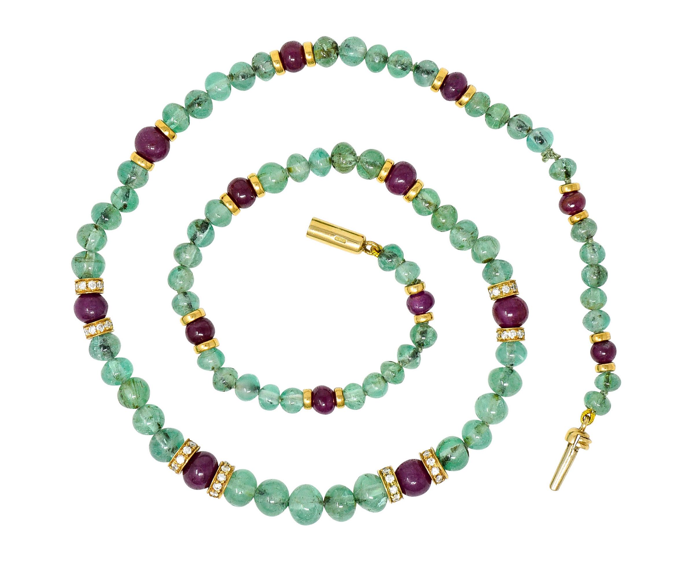 Strand necklace is comprised of tumbled ruby and emerald beads

Graduating in size from 4.5 mm to 6.5 mm

Emeralds are well matched in medium light bluish green color and semi-transparent with natural inclusions

Rubies are a well matched