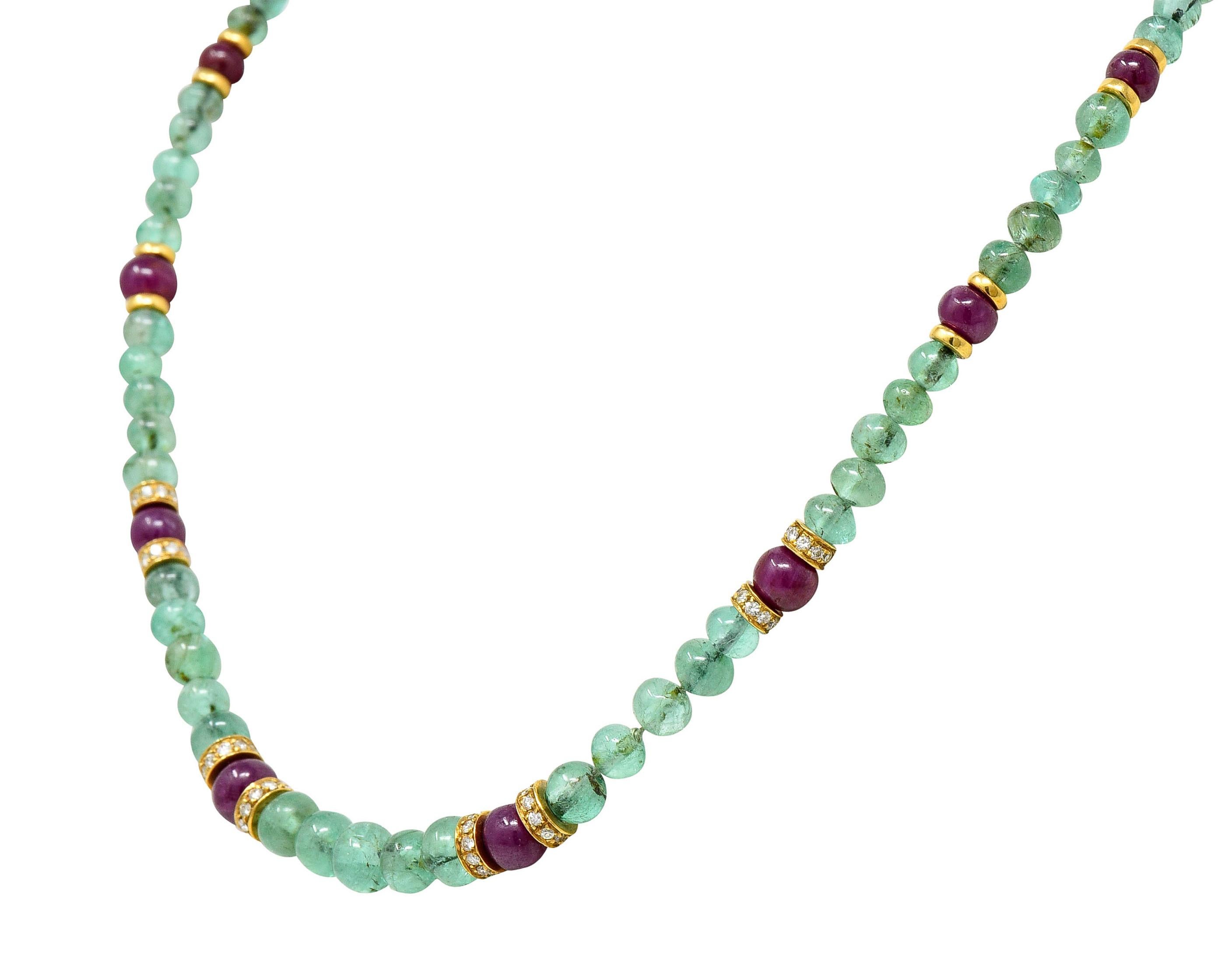 Contemporary Vintage Diamond Ruby Emerald 18 Karat Gold Strand Necklace